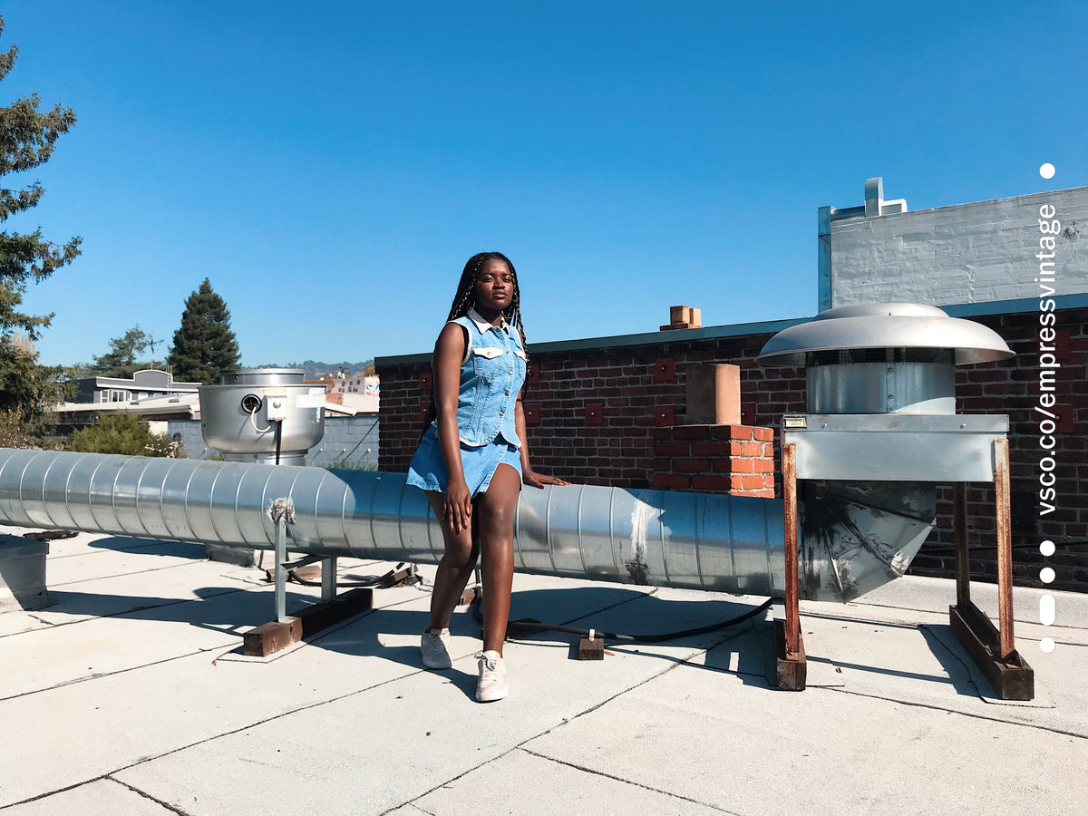 Two Piece Denim Set Skort & Snap Up Top — vintage 1990s top in blue