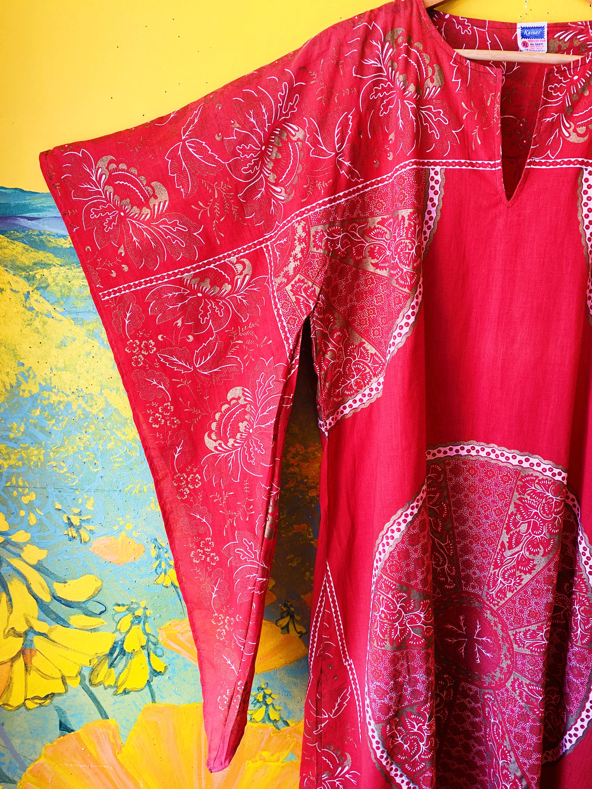 1970s Auburn Patterned Maxi Caftan Dress — vintage 1970s dress in red, gold
