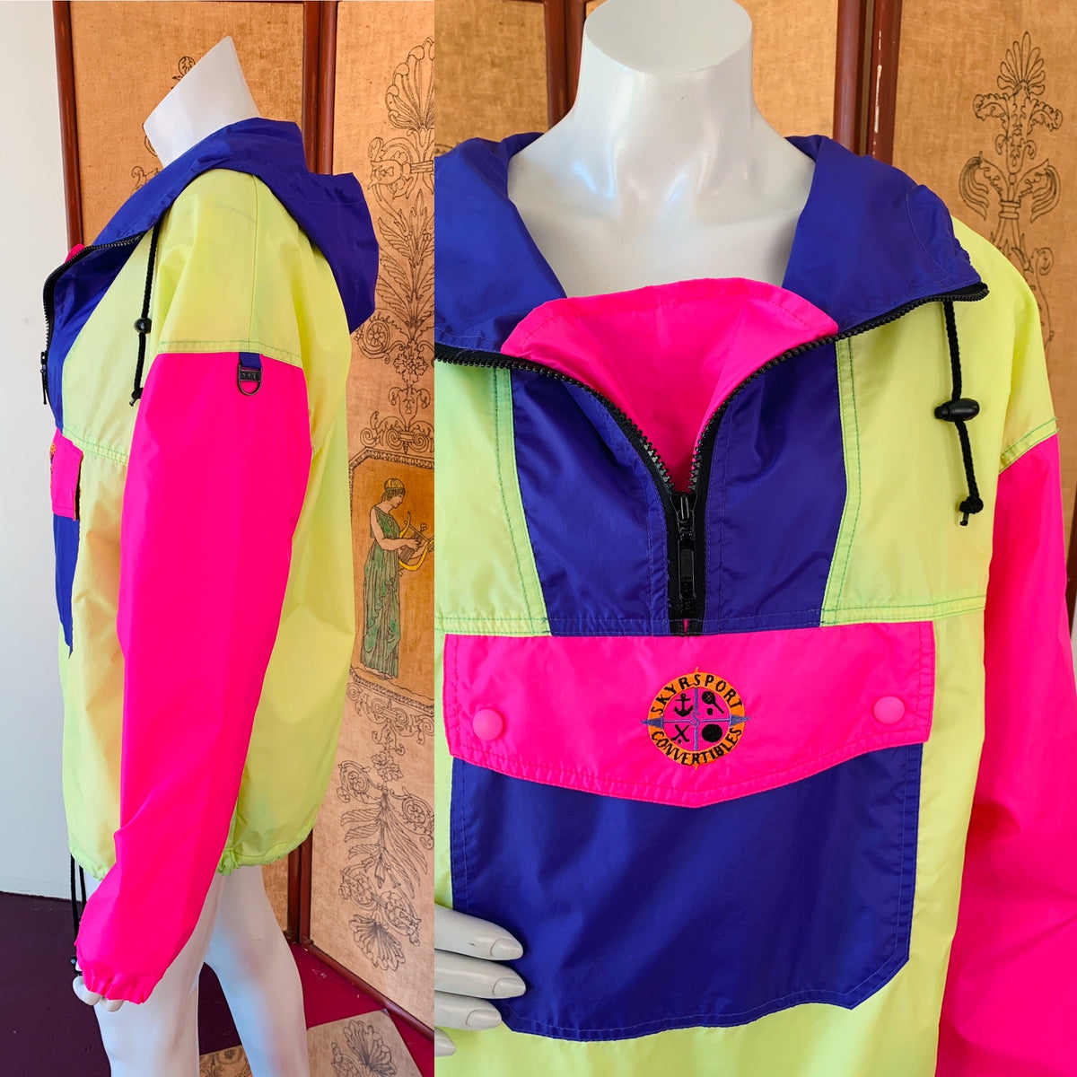 Colorblock Neon 90s Pullover Hooded Windbreaker — vintage 1990s knit in pink, green, purple
