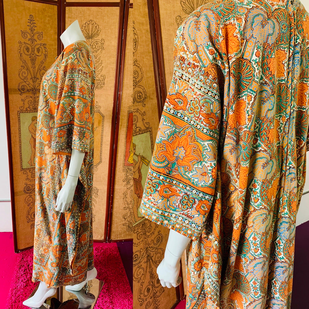 1970s Block Print Cotton Paisley Caftan — vintage 1970s dress