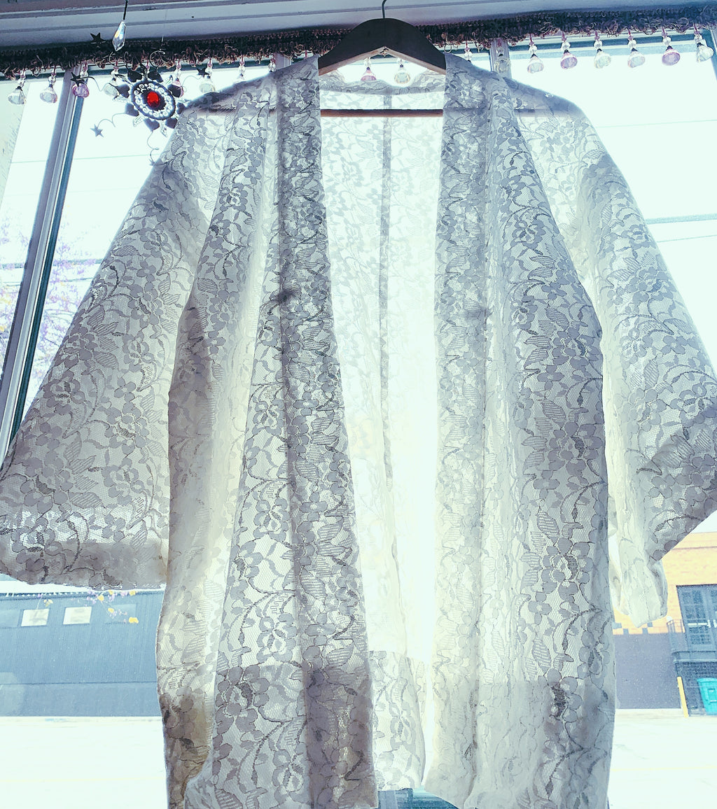 White Lace Metallic Silver Detail Summer Haori Kimono Jacket — vintage 1970s jacket in white, silver