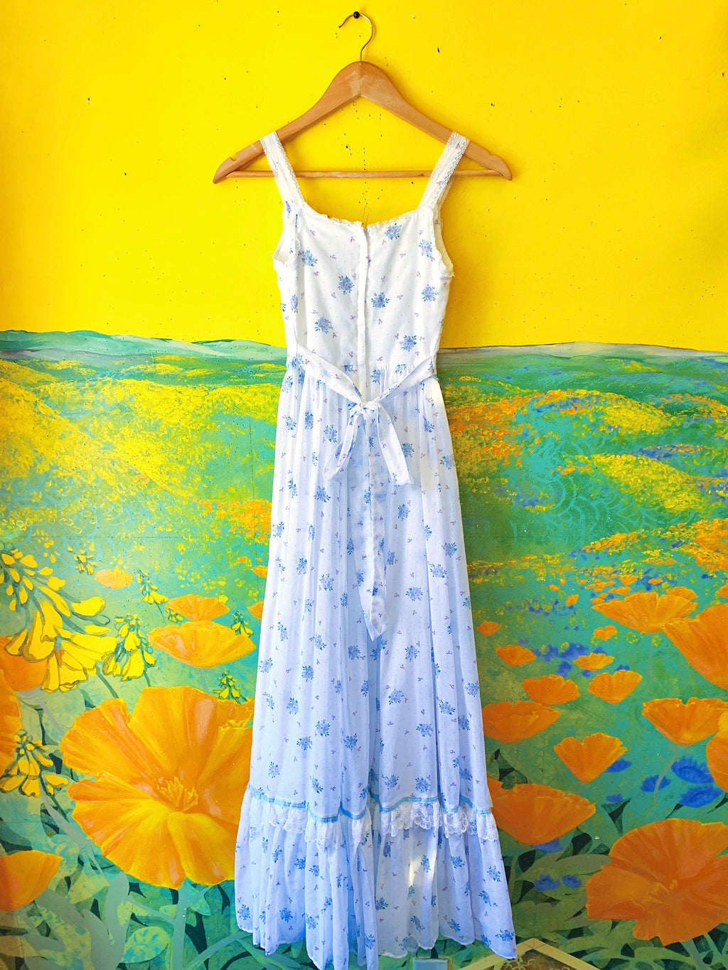 White & Blue Floral Gunne Sax Sleeveless Maxi Dress — vintage 1970s Gunne Sax dress in white, blue