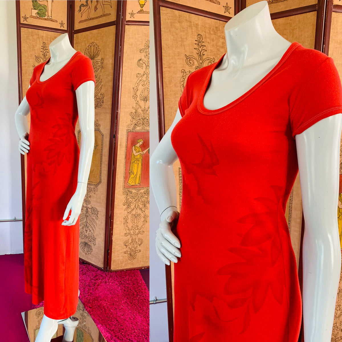 Red T-Shirt Maxi Dress with Bird Landscape Print — vintage Shalom dress in red