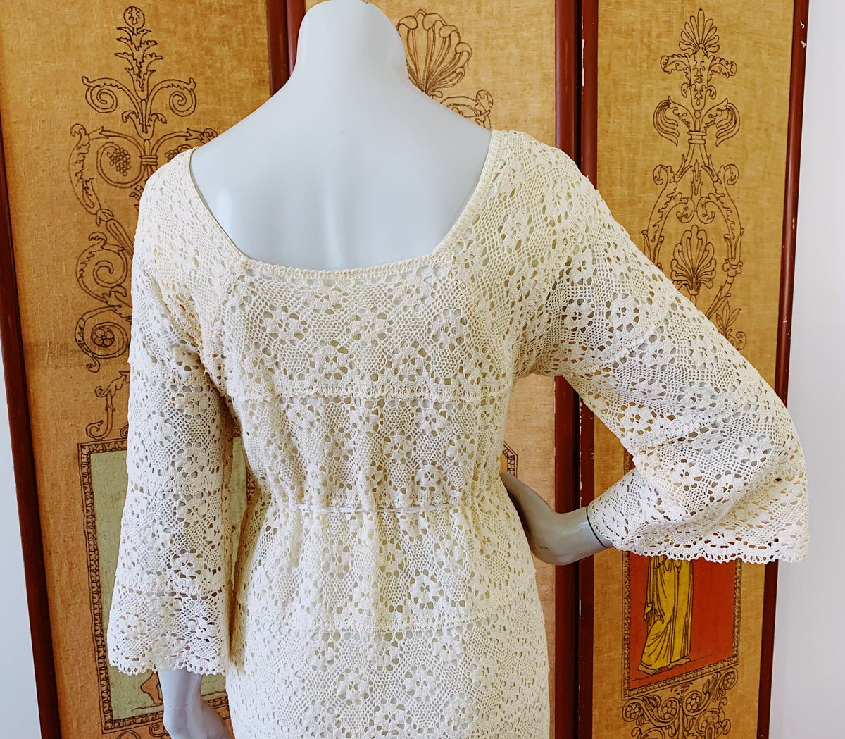 Bell Sleeve Cream Crochet 1970s Maxi Gown — vintage 1970s dress in ivory