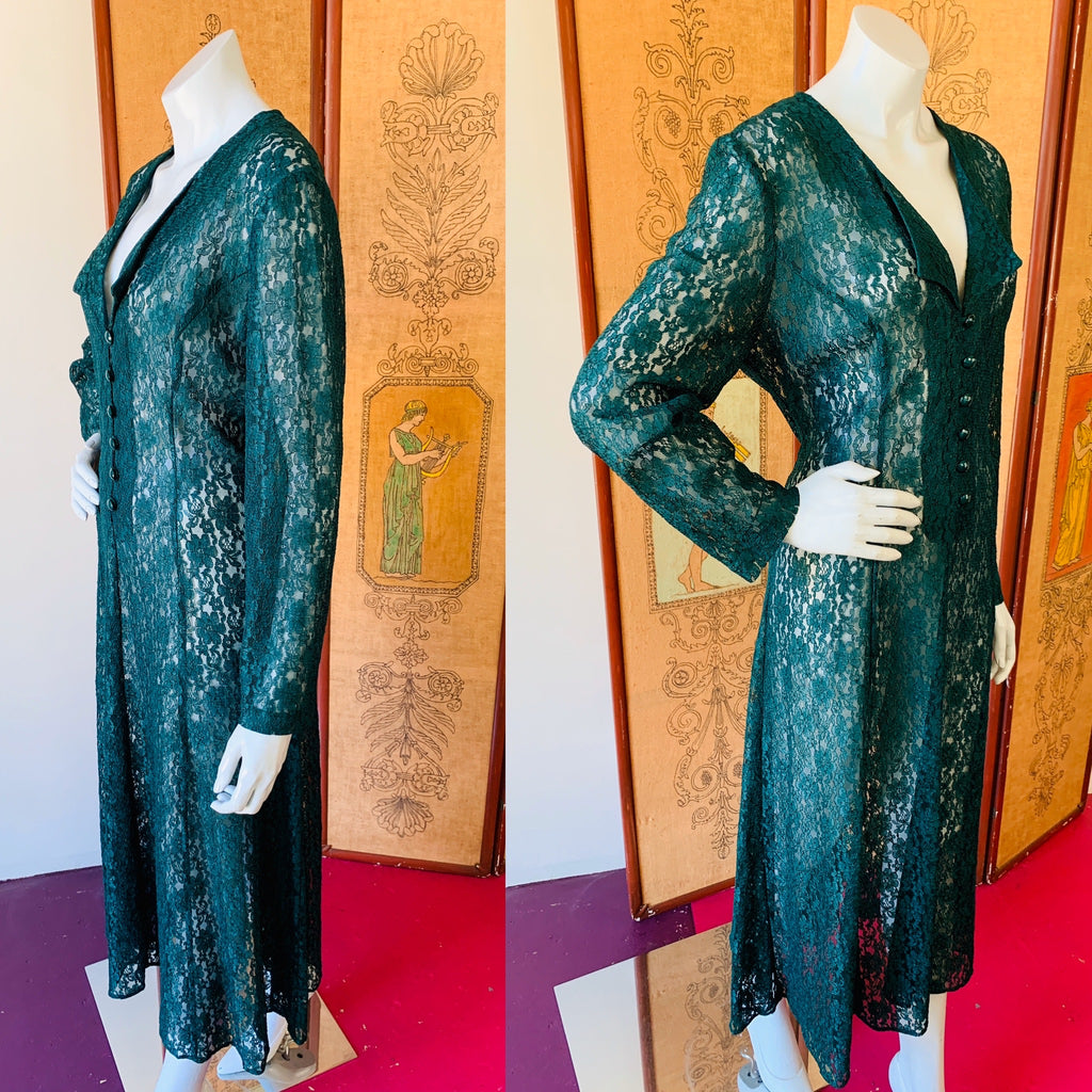Forest Green Lace Up Back Full Lace Maxi Dress — vintage 1990s dress in green