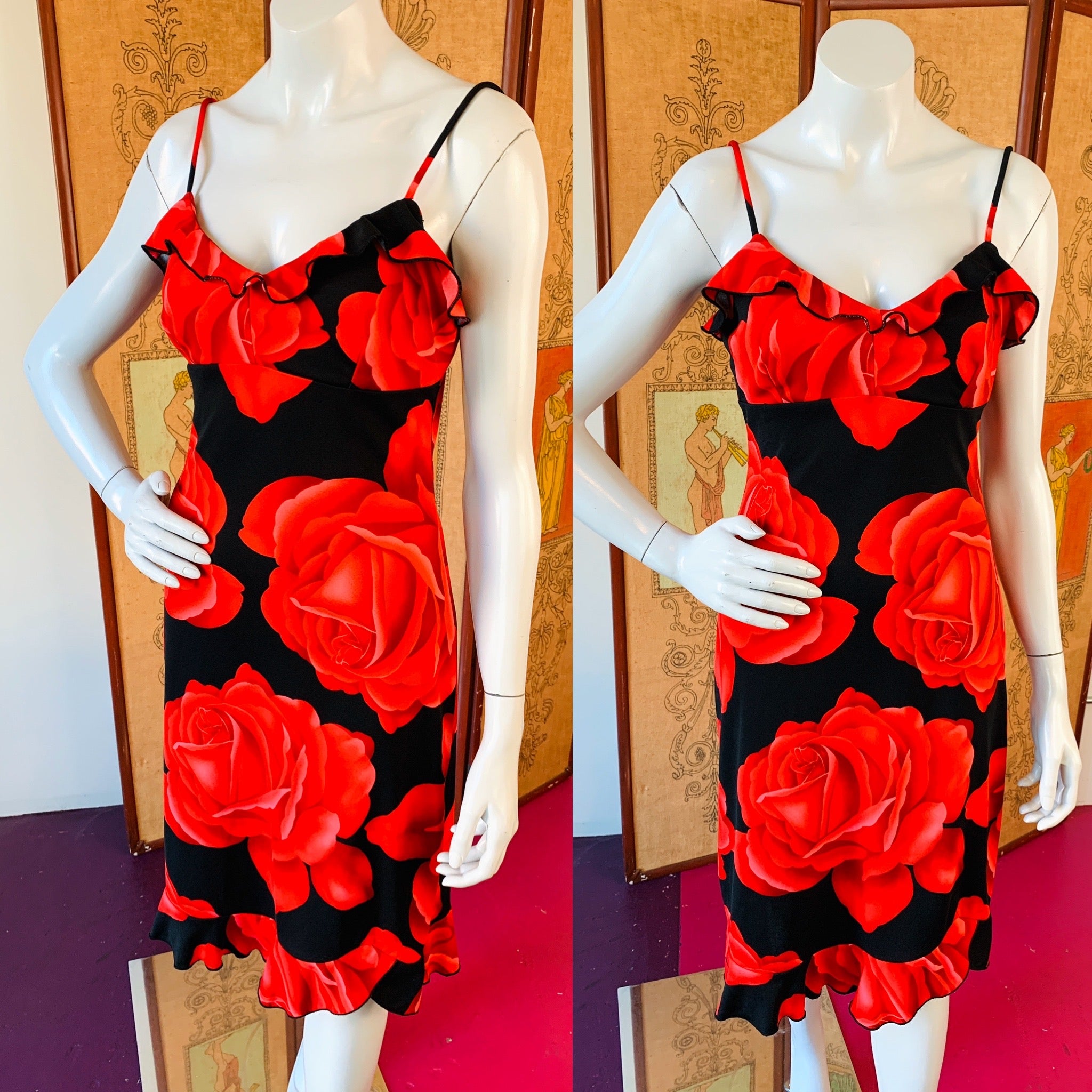 Black & Red Rose Print 90s Dress — vintage 1990s dress in black, red, pink