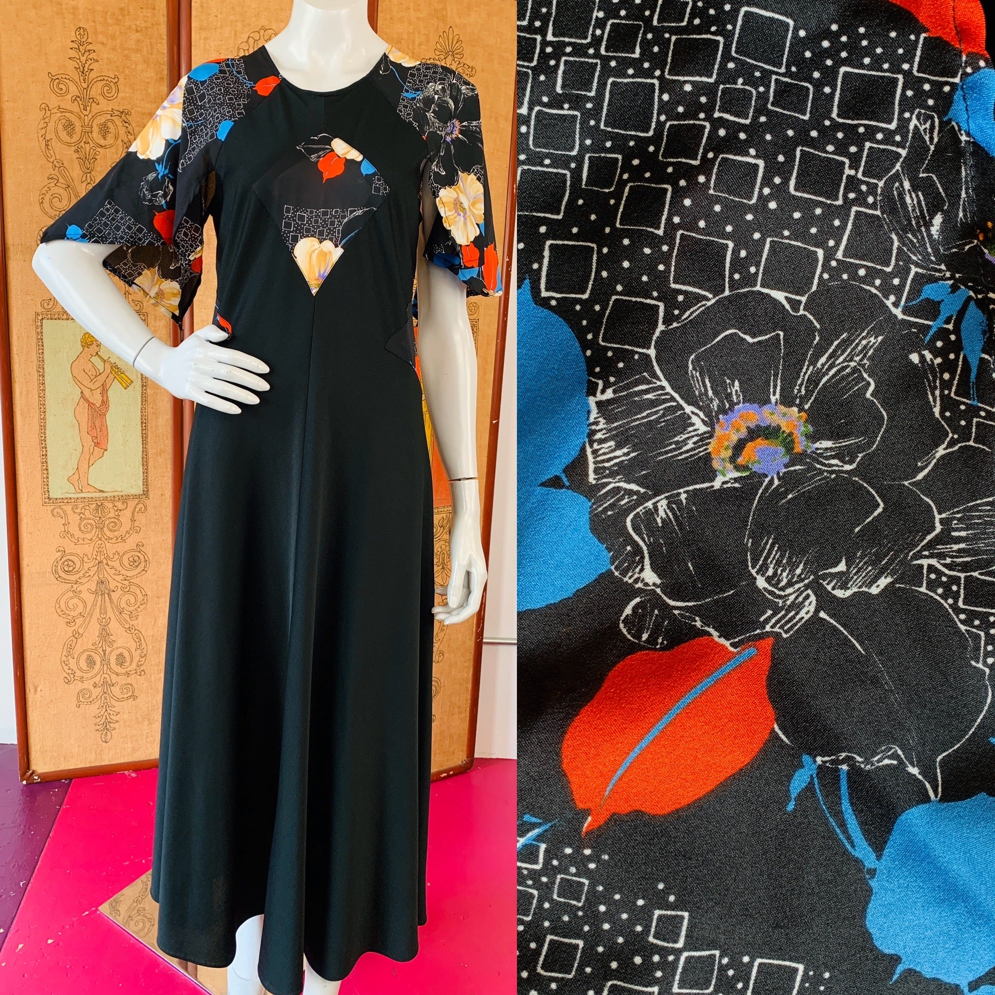 Black 1970s Semi-Sheer Paneled Angel Sleeve Maxi Dress — vintage 1970s dress in black