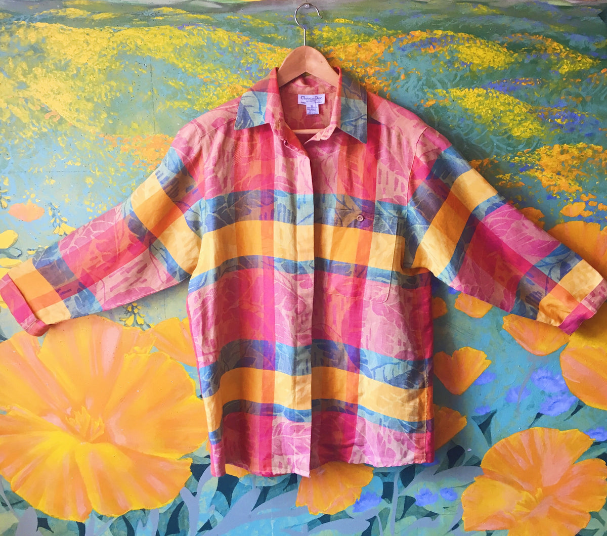 Vibrant Multi-Color Madras Checkered Button Down Blouse by Dior