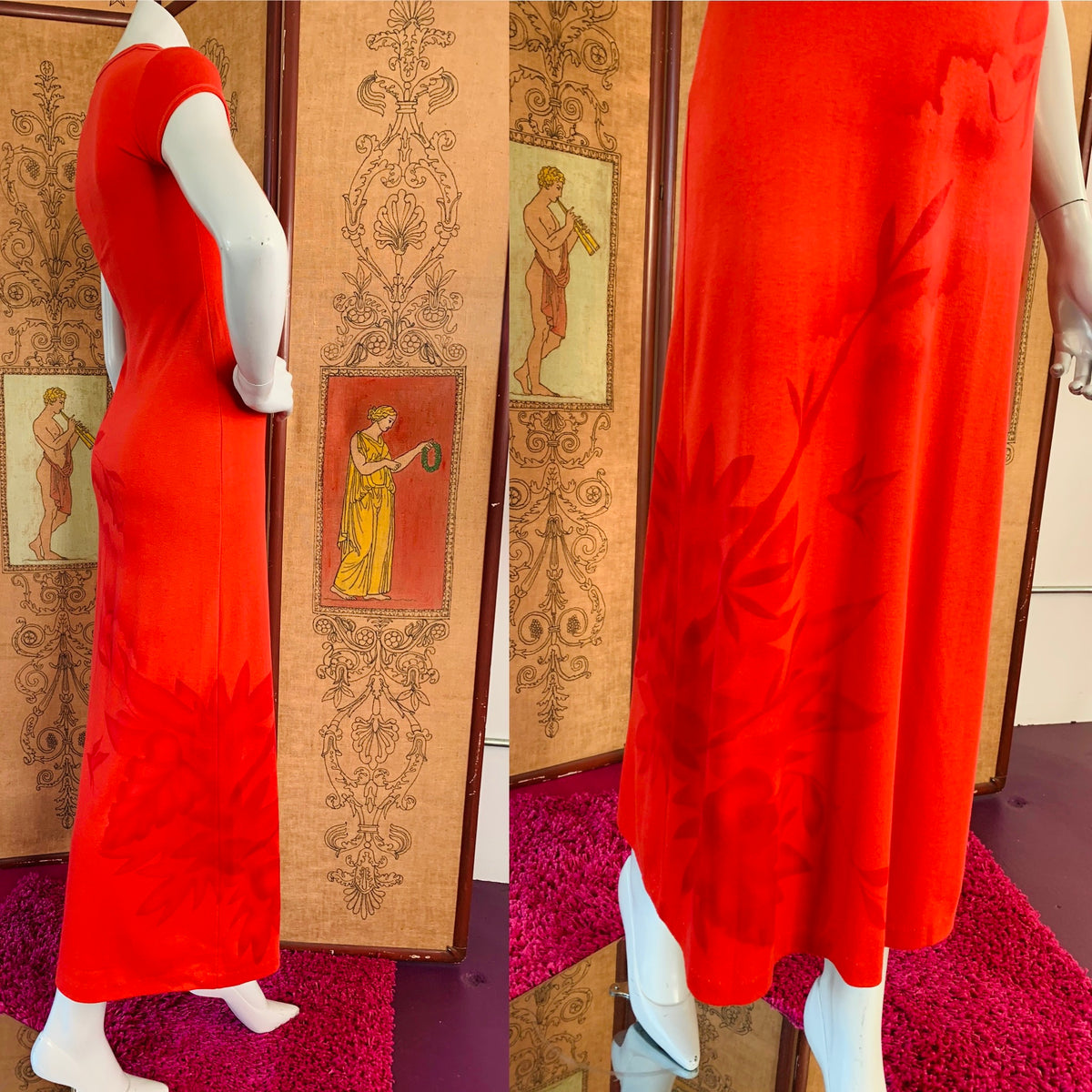 Red T-Shirt Maxi Dress with Bird Landscape Print — vintage Shalom dress in red