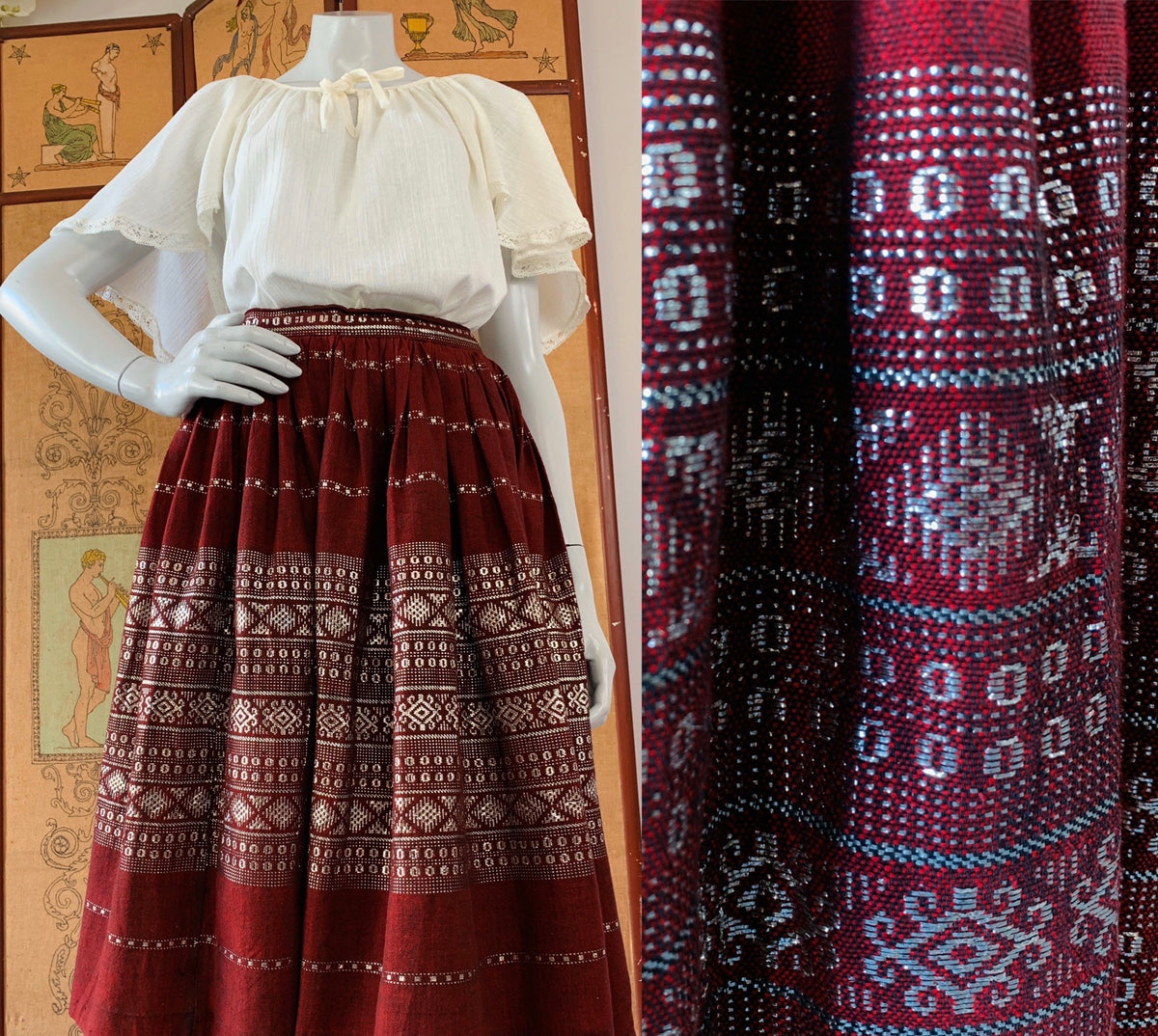 Guatemalan Silver Metallic Burgundy Skirt — vintage bottoms in silver
