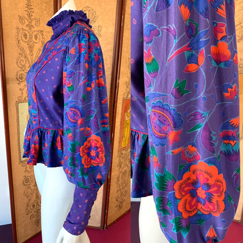 Purple Floral Poet Sleeve Blouse Made in India — vintage 1980s MicheL top in purple