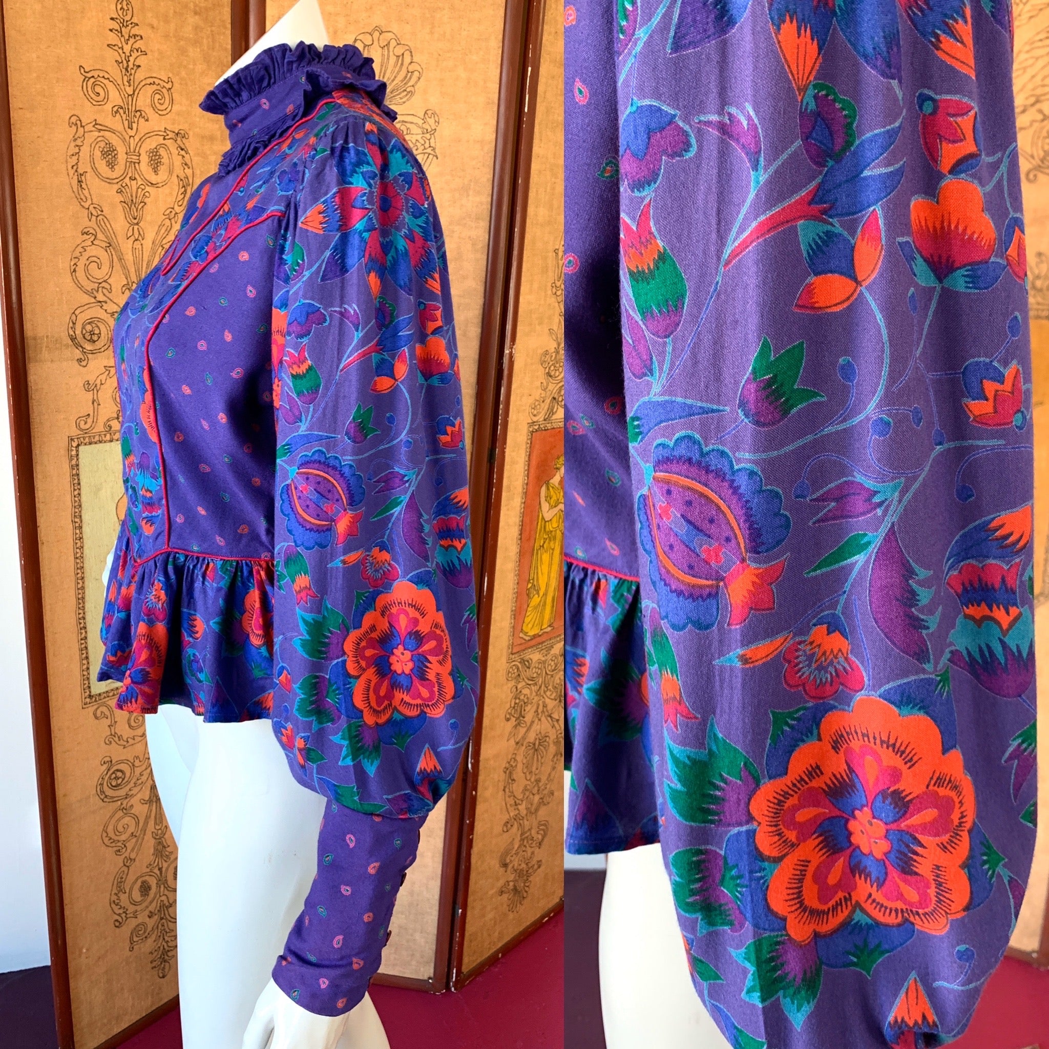 Purple Floral Poet Sleeve Blouse Made in India — vintage 1980s MicheL top in purple