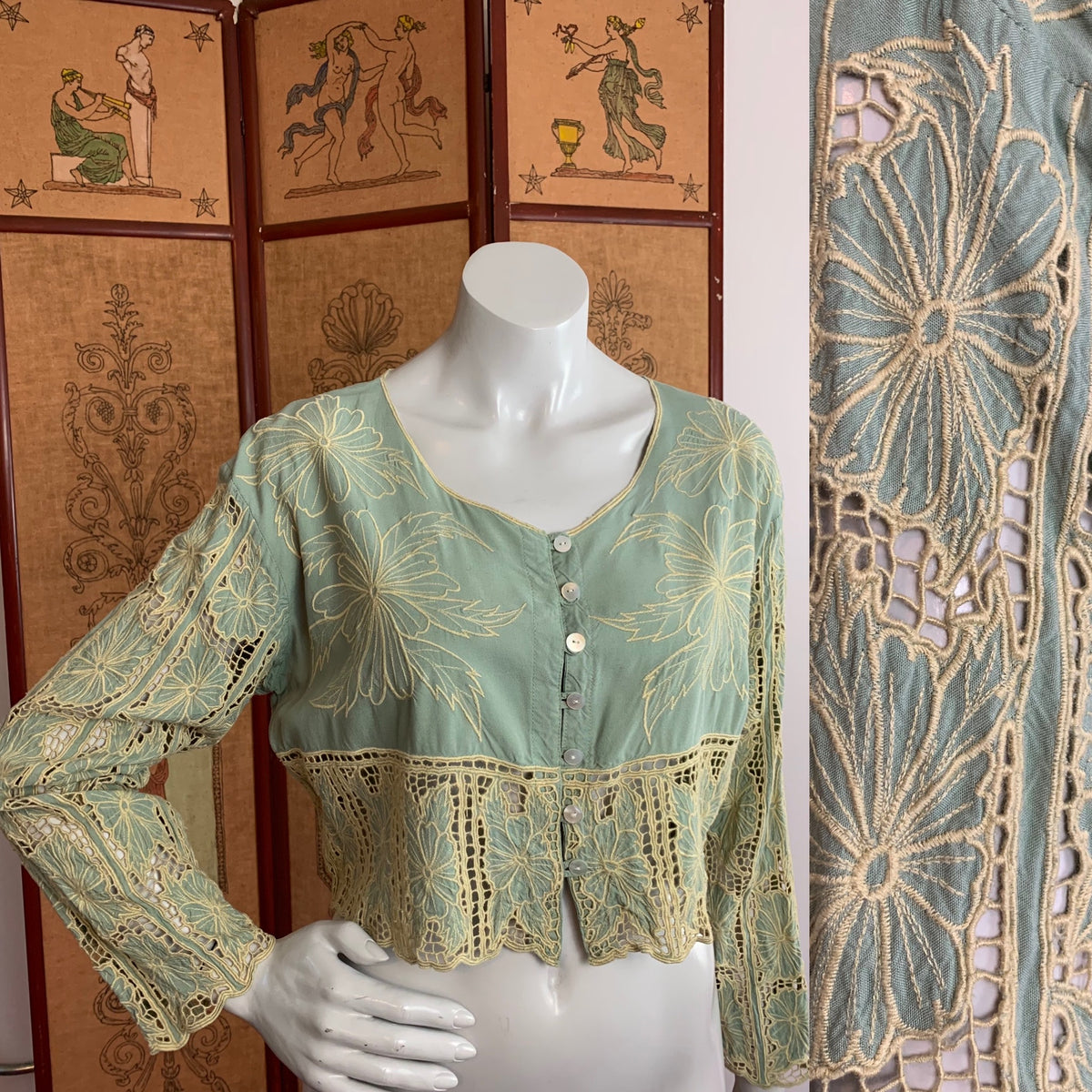 Bali Cut Out Sage Green Crop Top — vintage top in green