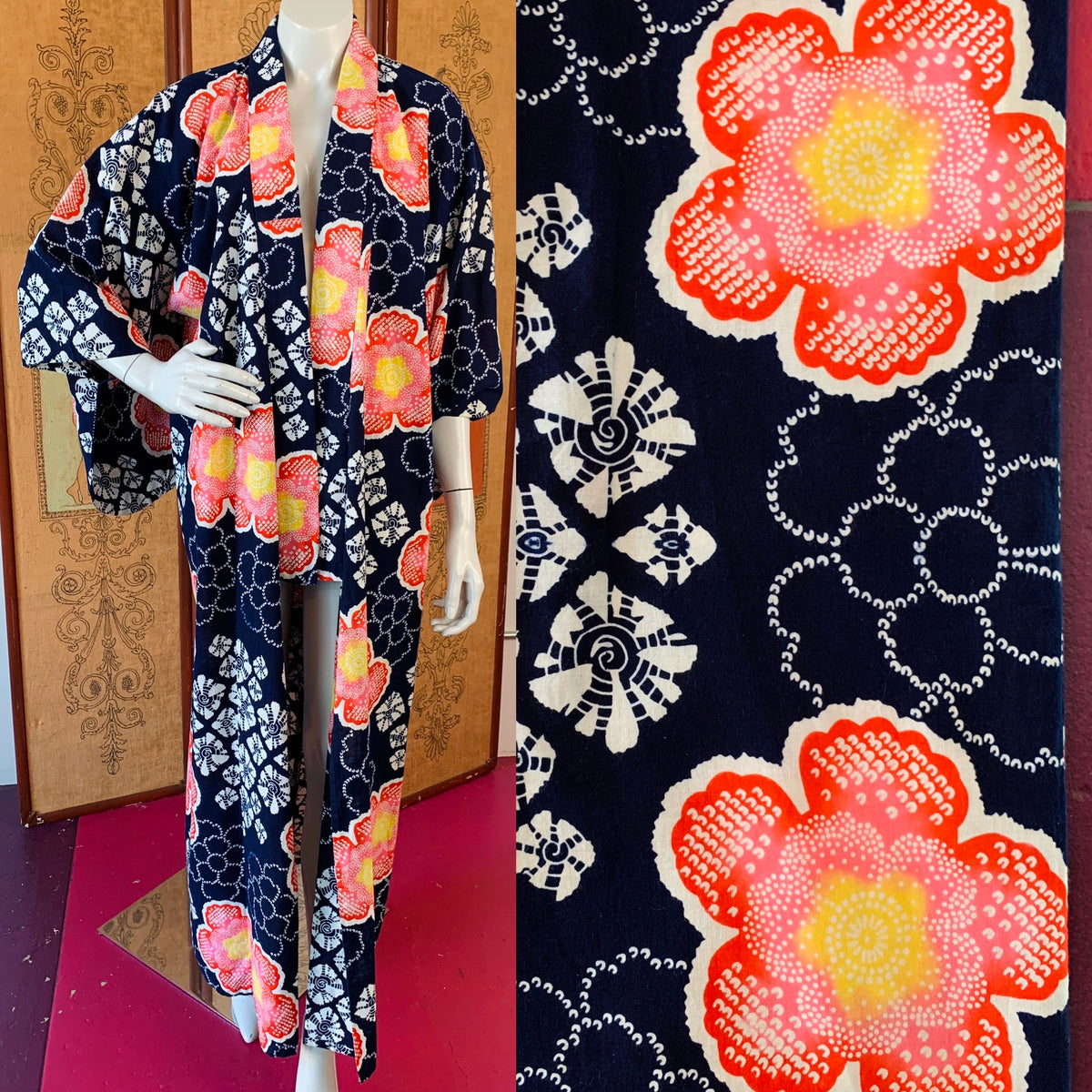 Dreamy Cotton Yukata Indigo Kimono Robe — vintage outerwear in blue
