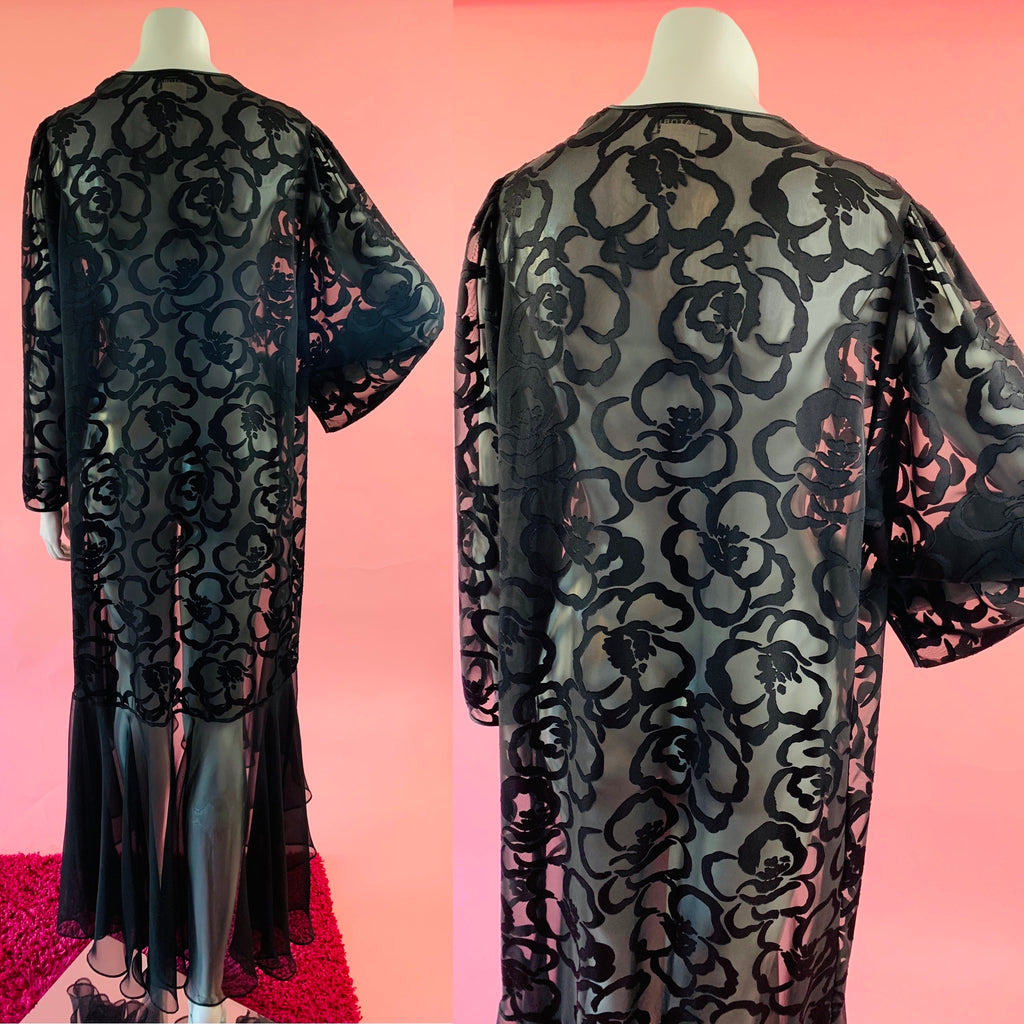 Black Burnout Sheer Trumpet Hem Duster — vintage Natori dress in black