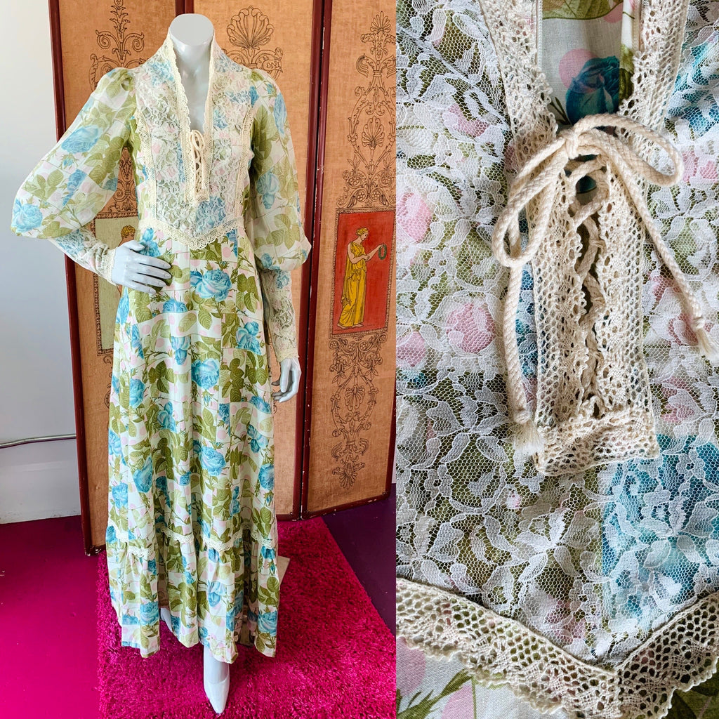 Pastel Rose Print Poet Sleeve 70s Lace Detailed Renaissance Maxi Dress — vintage 1970s dress in pink