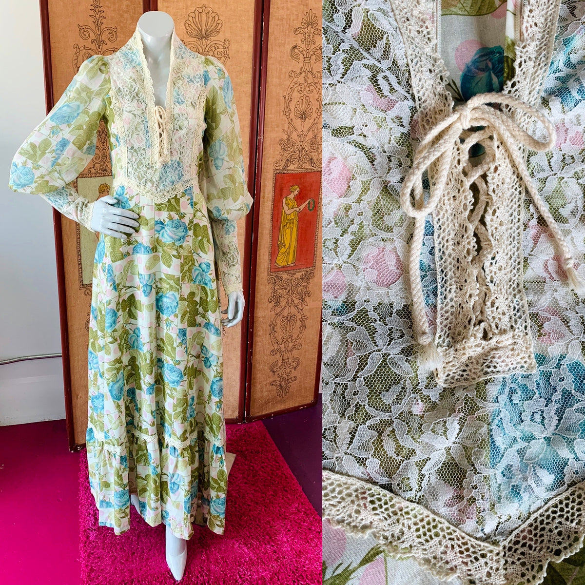 Pastel Rose Print Poet Sleeve 70s Lace Detailed Renaissance Maxi Dress — vintage 1970s dress in pink