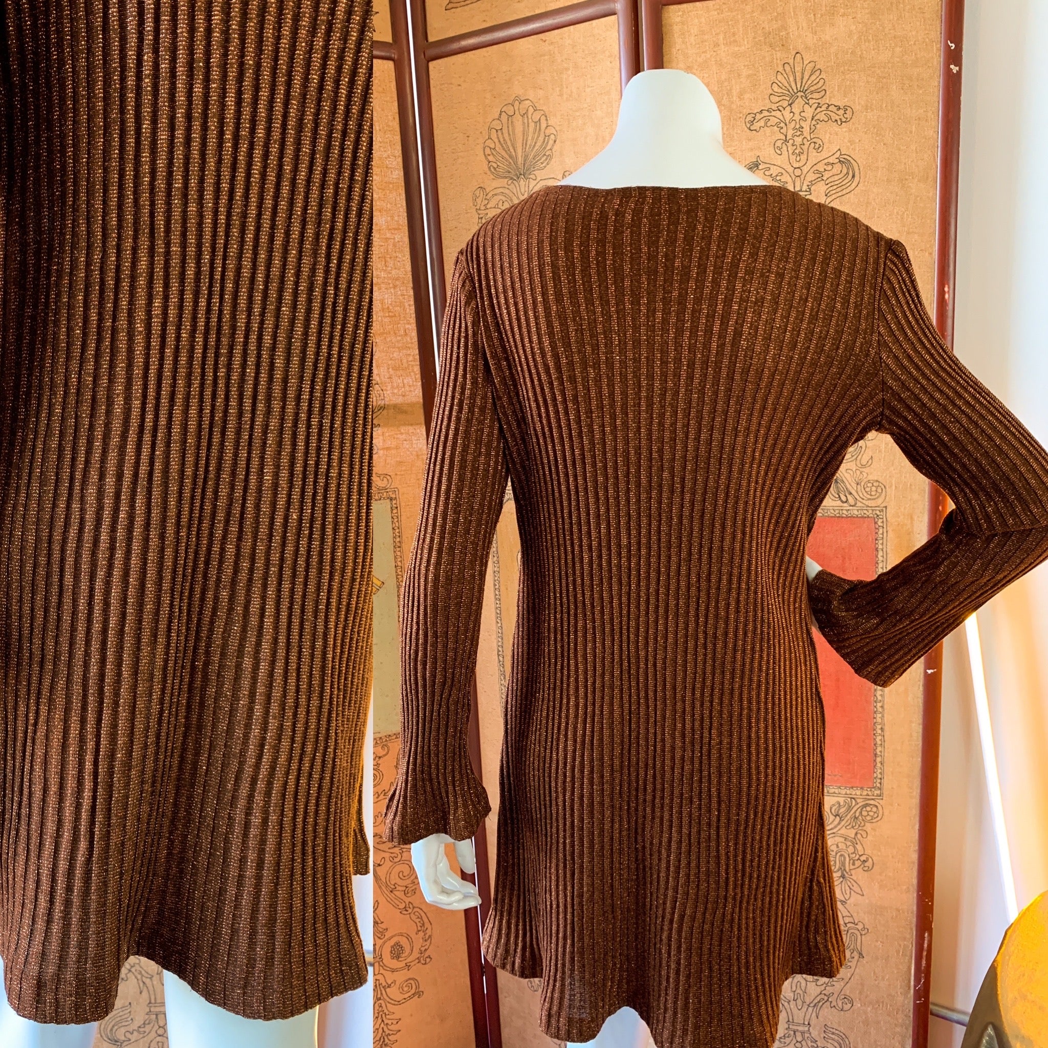 Groove is in the Heart 1990s Ribbed Metallic Copper Bell Sleeve Cardigan — vintage 1990s knit in brown