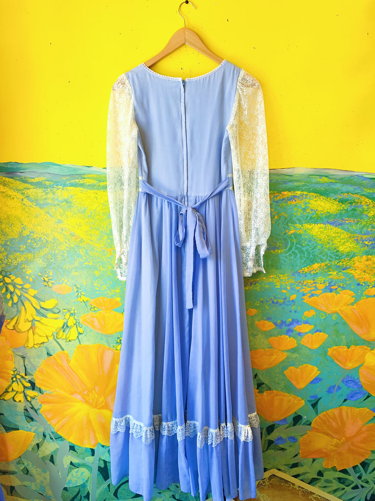 Powder Blue Lace Gunne Sax Long Sleeve Maxi Dress — vintage Gunne Sax dress in blue