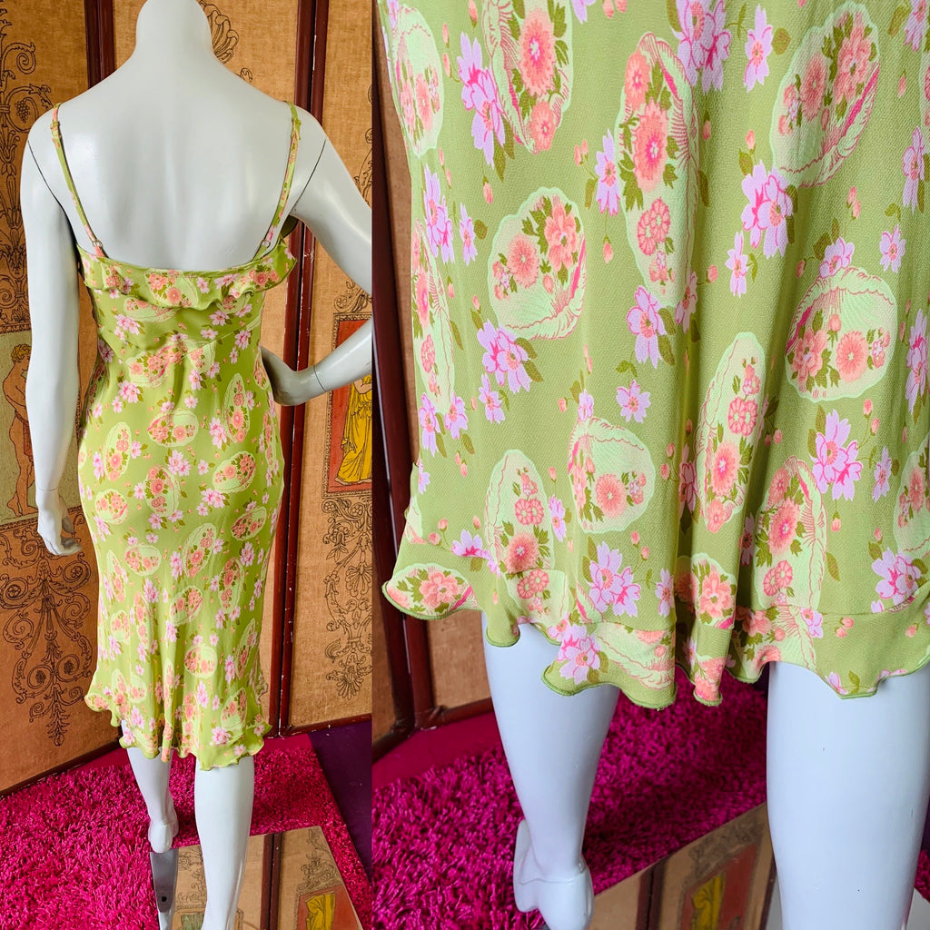Sage Green Betsey Johnson 90s Pink Floral Satin Dress — vintage 1990s Betsey Johnson dress in pink, green