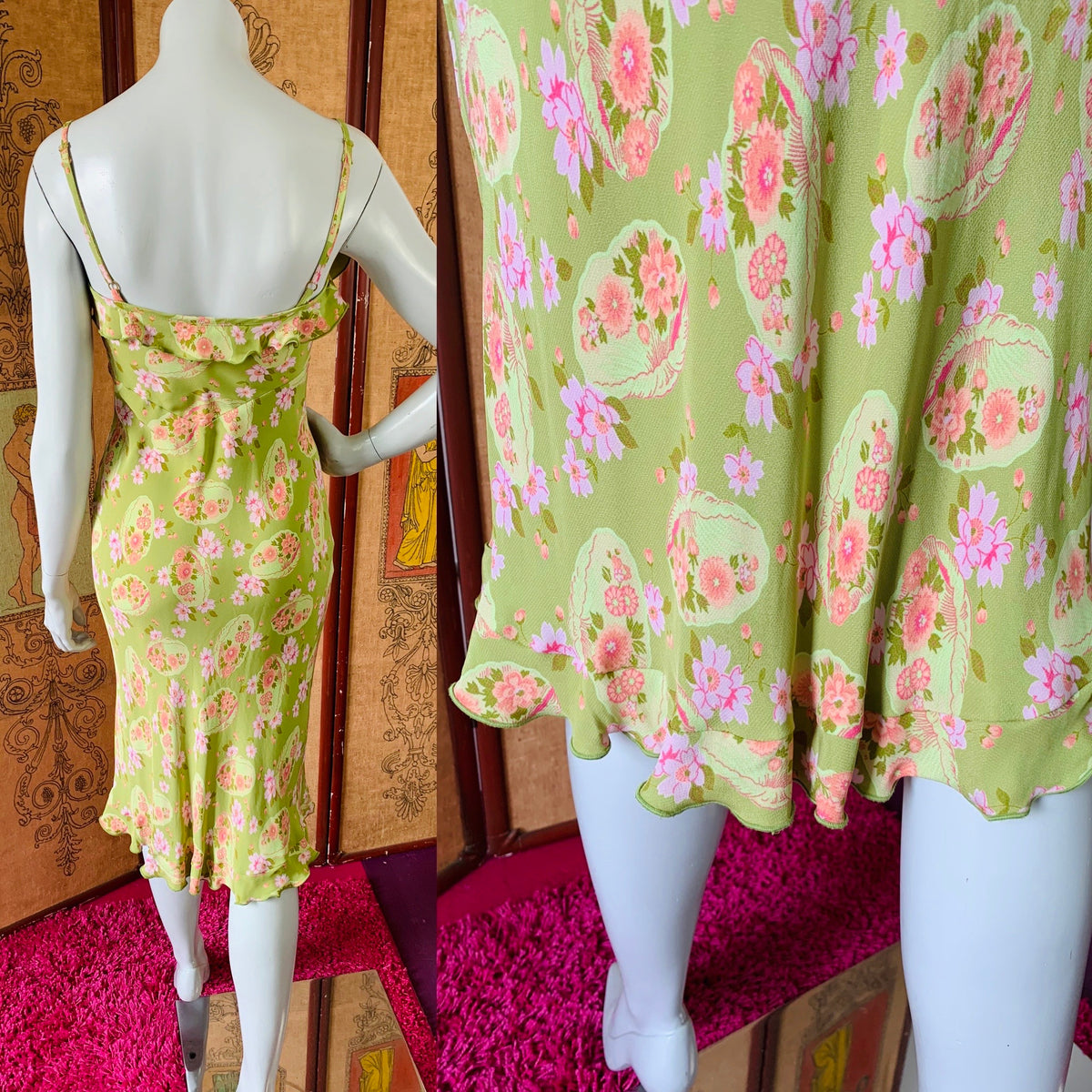 Sage Green Betsey Johnson 90s Pink Floral Satin Dress — vintage 1990s Betsey Johnson dress in pink, green