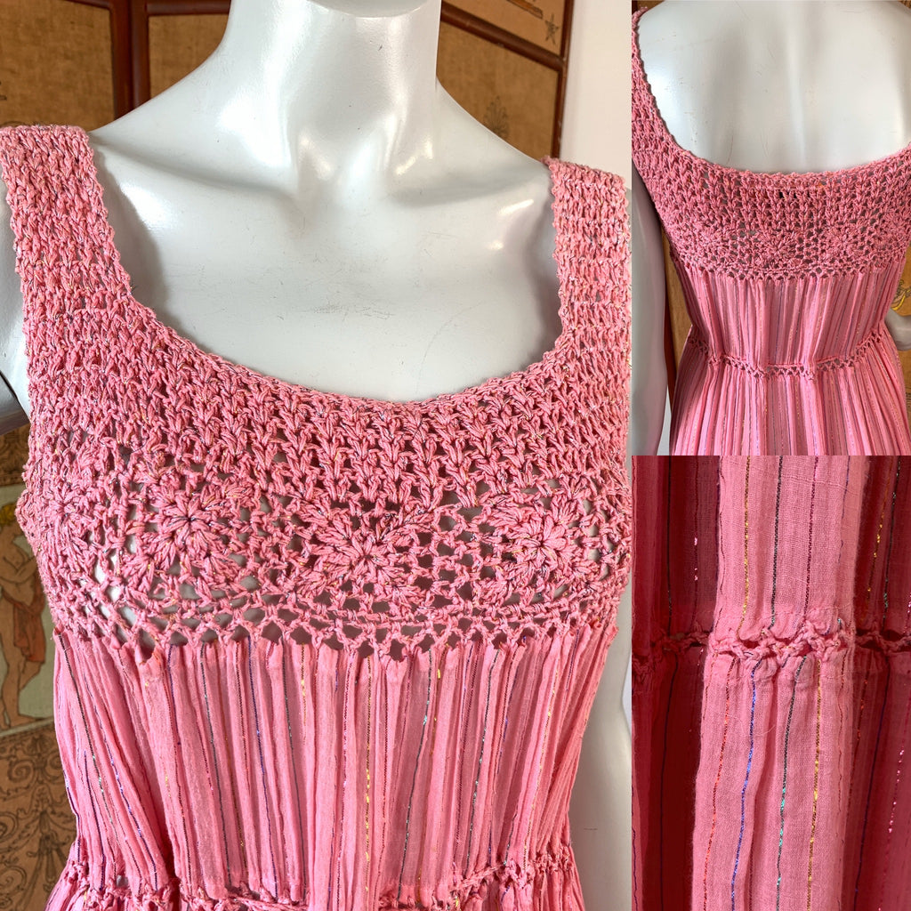Indian Cotton Gauze Crochet Pink Dress with Rainbow Metallic Threads — vintage Sameer dress in pink, multicolour