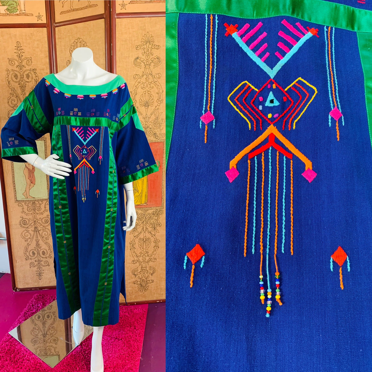 Irene Pulos Hand Embroidered Beaded Art to Wear Maxi Dress — vintage Irene Pulos dress in blue, multicolour