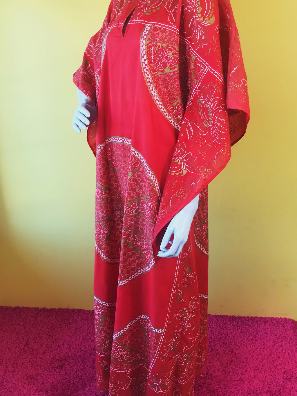 1970s Auburn Patterned Maxi Caftan Dress — vintage 1970s dress in red, gold