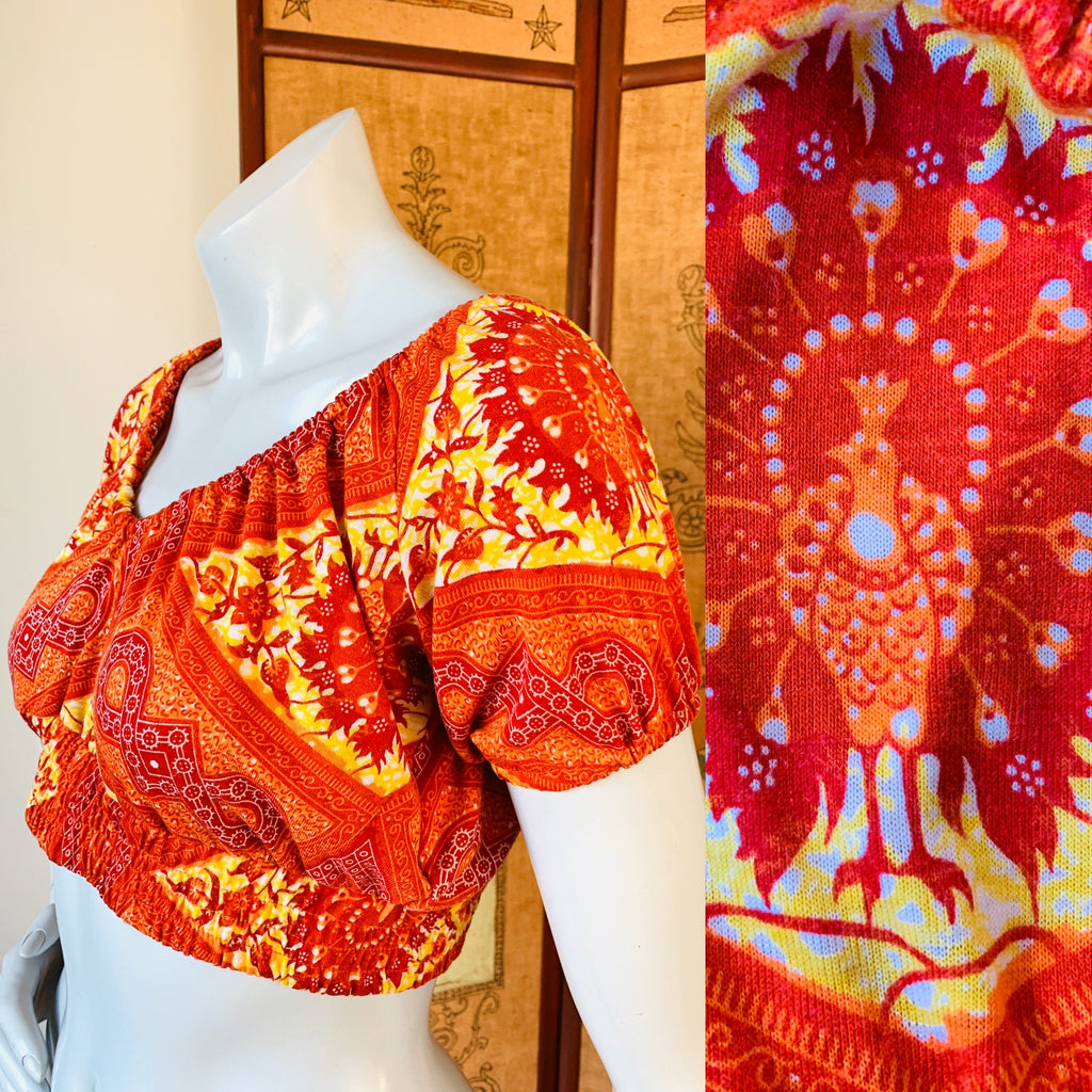 Peacock Print Firey Orange Crop Top — vintage top in orange