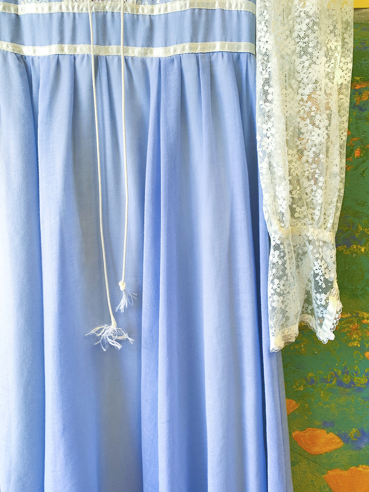 Powder Blue Lace Gunne Sax Long Sleeve Maxi Dress — vintage Gunne Sax dress in blue
