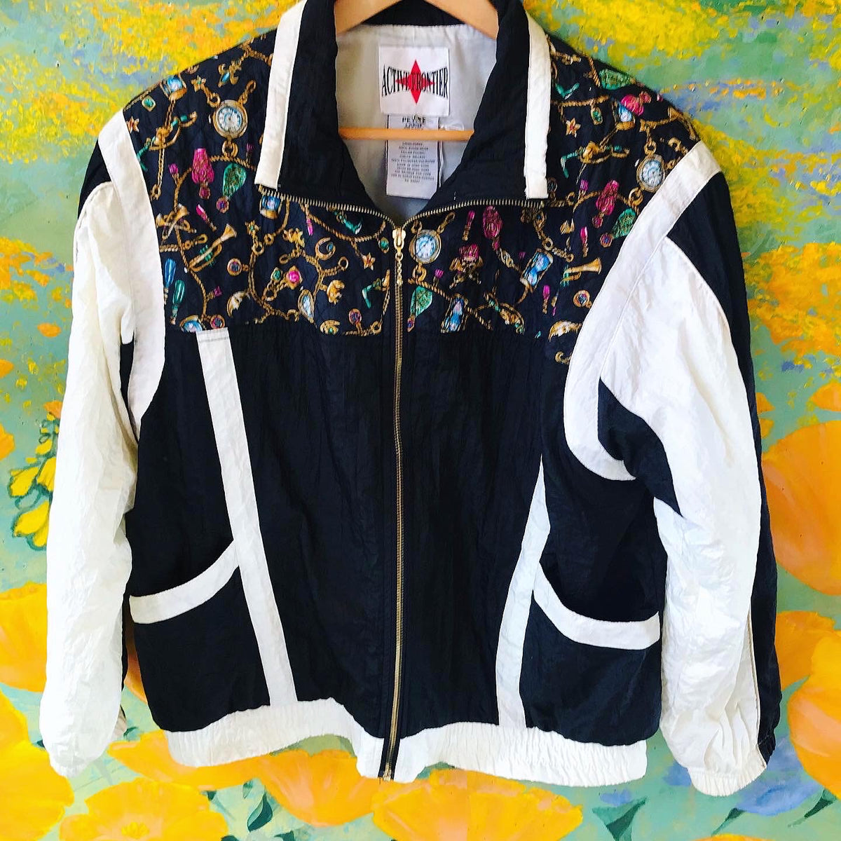 Black & White Quilted Detail Jeweled Charm Print Sporty Nylon Jacket — vintage 1990s jewellery in black, white