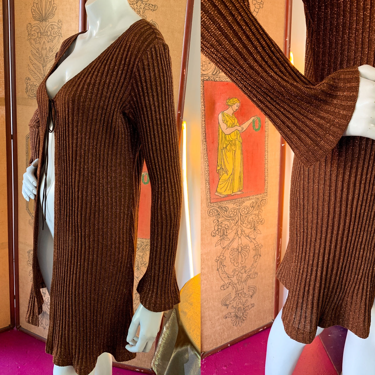 Groove is in the Heart 1990s Ribbed Metallic Copper Bell Sleeve Cardigan — vintage 1990s knit in brown