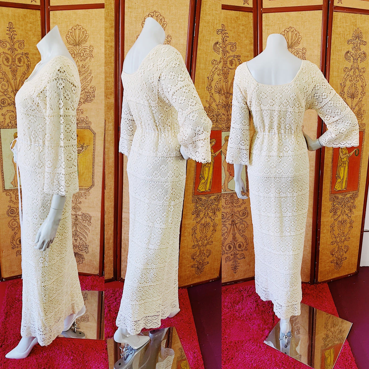 Bell sleeve Cali vibes crochet vintage wedding dress is available at Empress Vintage.