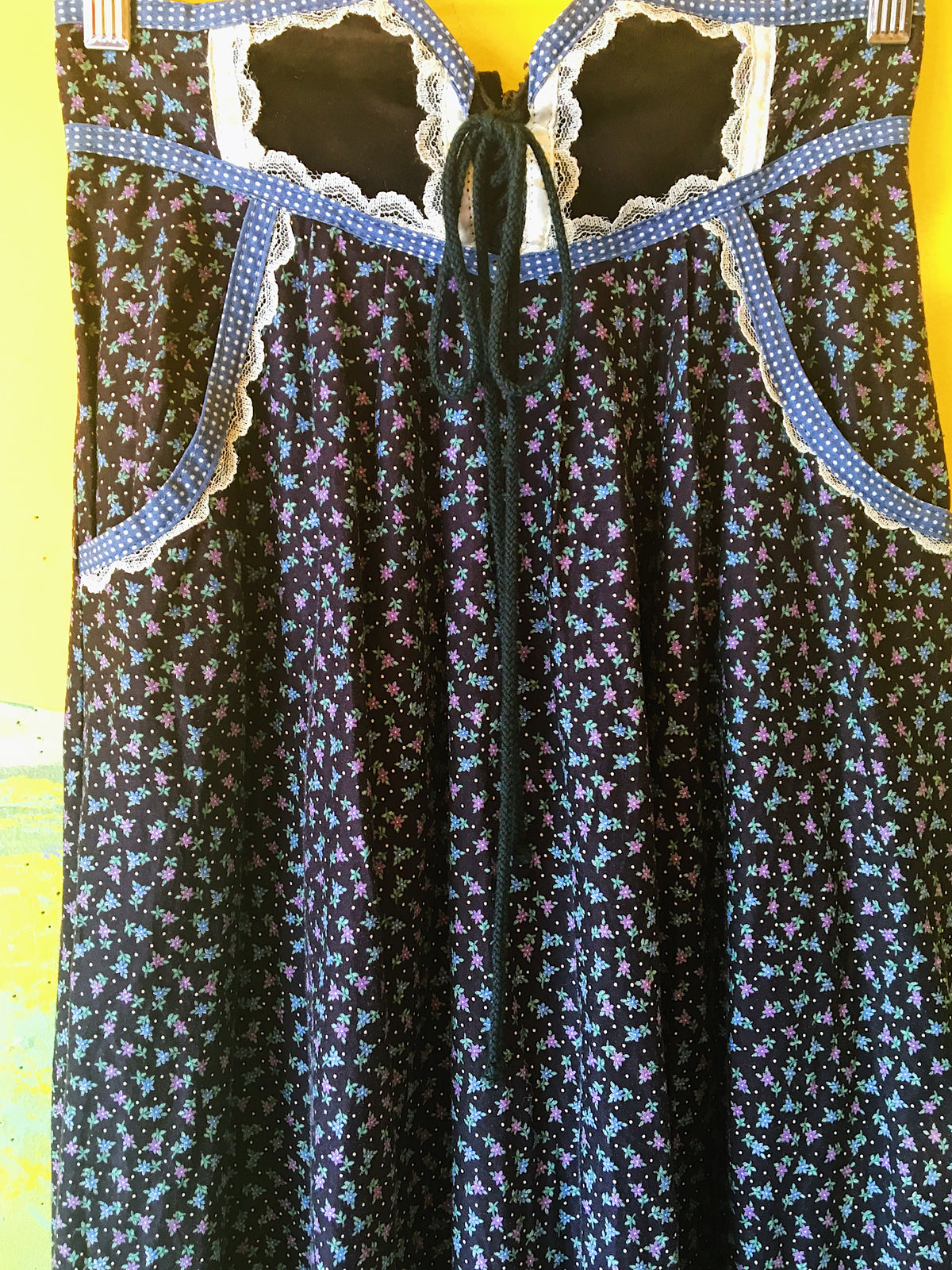 SOLD Navy Blue Floral Gunne Sax Skirt with Lace-Up Waistline — vintage Gunne Sax bottoms in blue