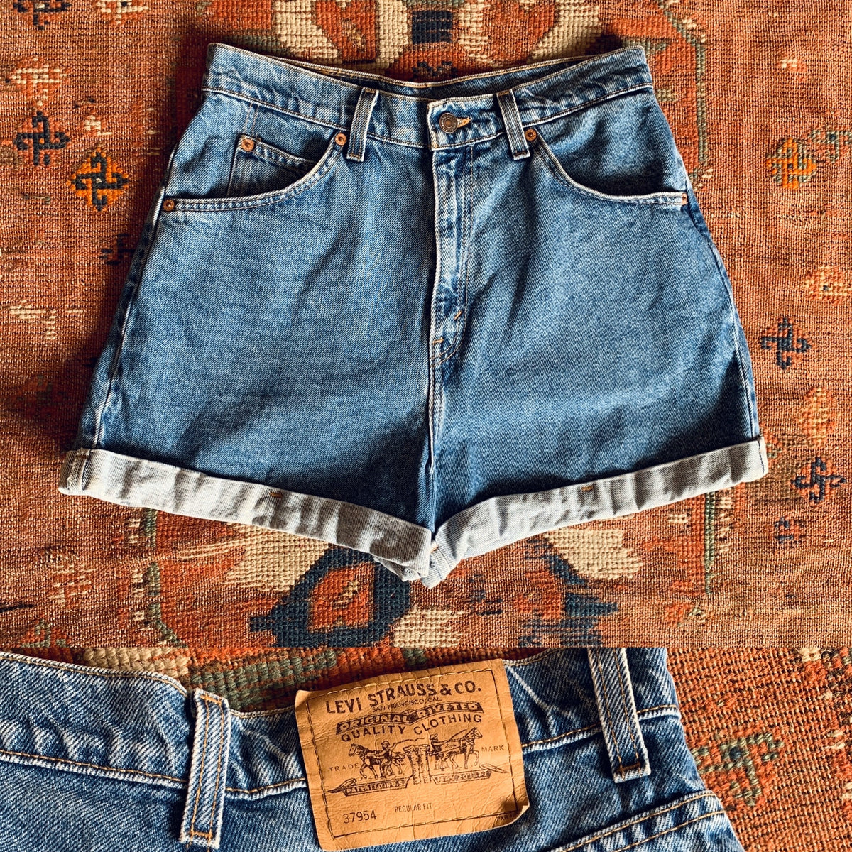 Orange Tab Levi's High Waisted Denim Shorts — vintage 1990s Levi's bottoms in orange, blue