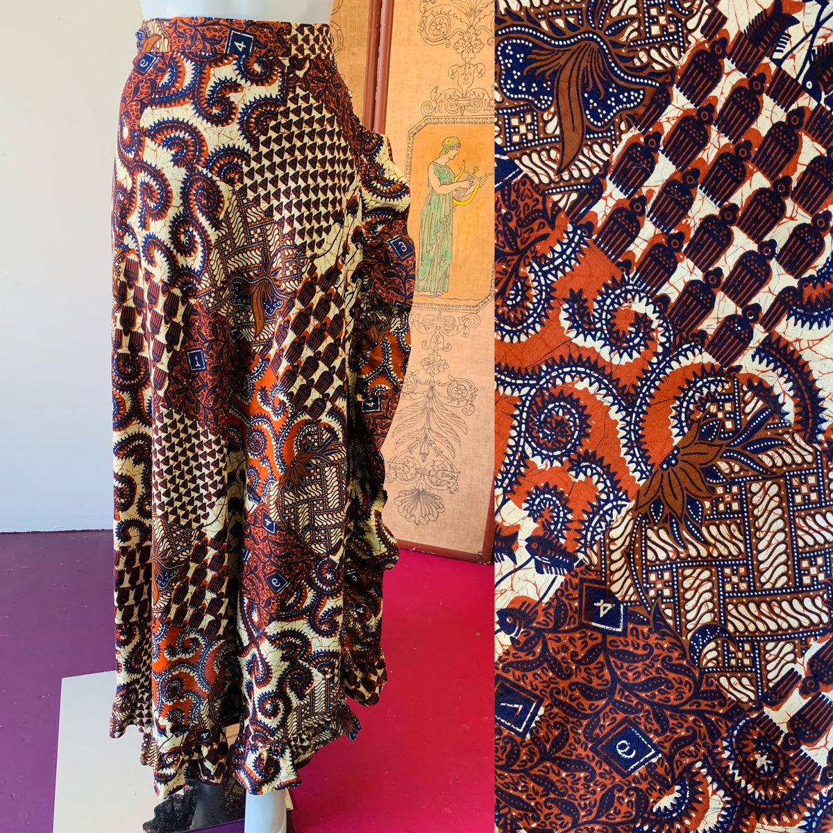 Indonesian Ruffle Maxi Wrap Skirt — vintage bottoms