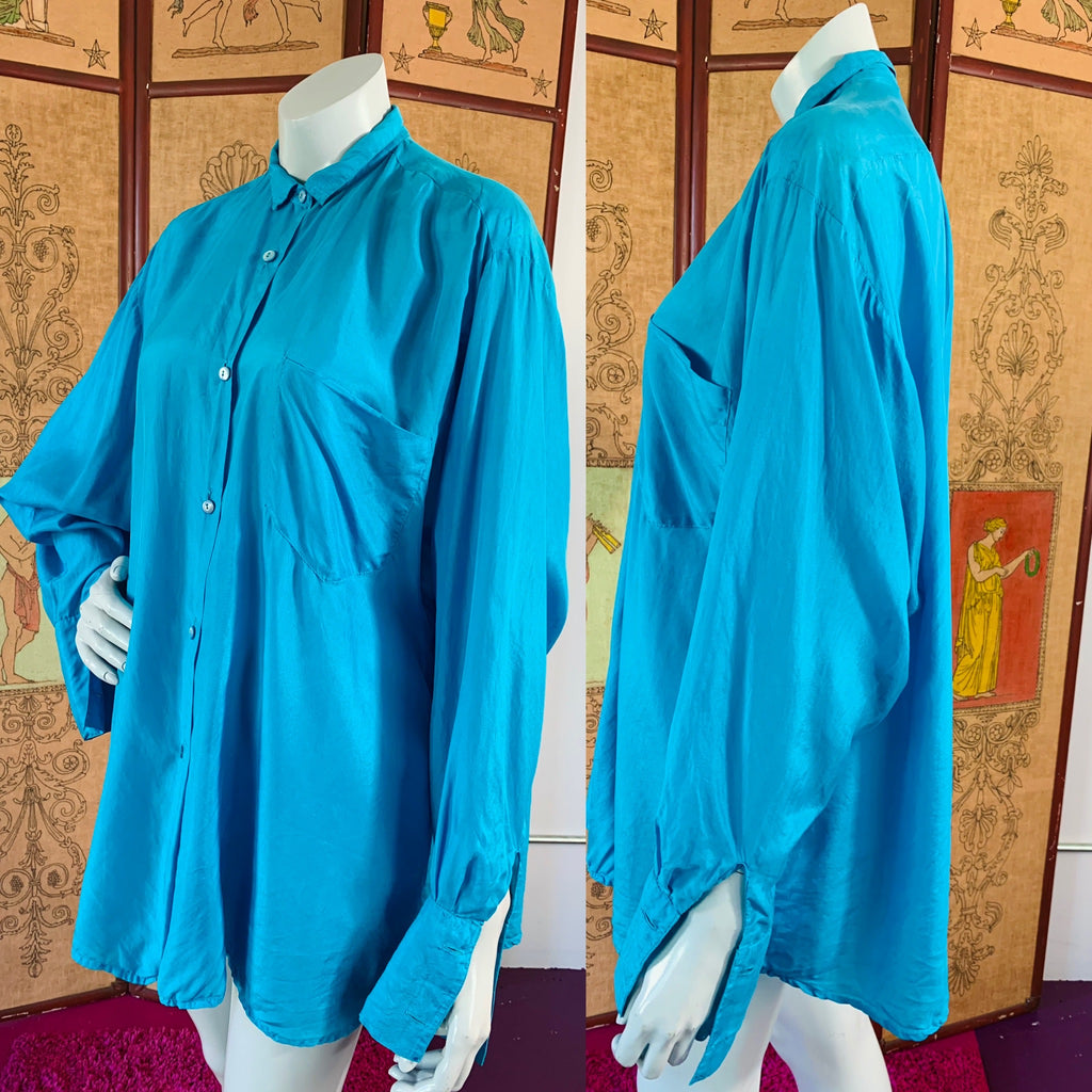 Kenzo Turquoise Silk French Cuff Button Up Blouse — vintage Kenzo jewellery in blue