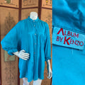 Kenzo Turquoise Silk French Cuff Button Up Blouse — vintage Kenzo jewellery in blue
