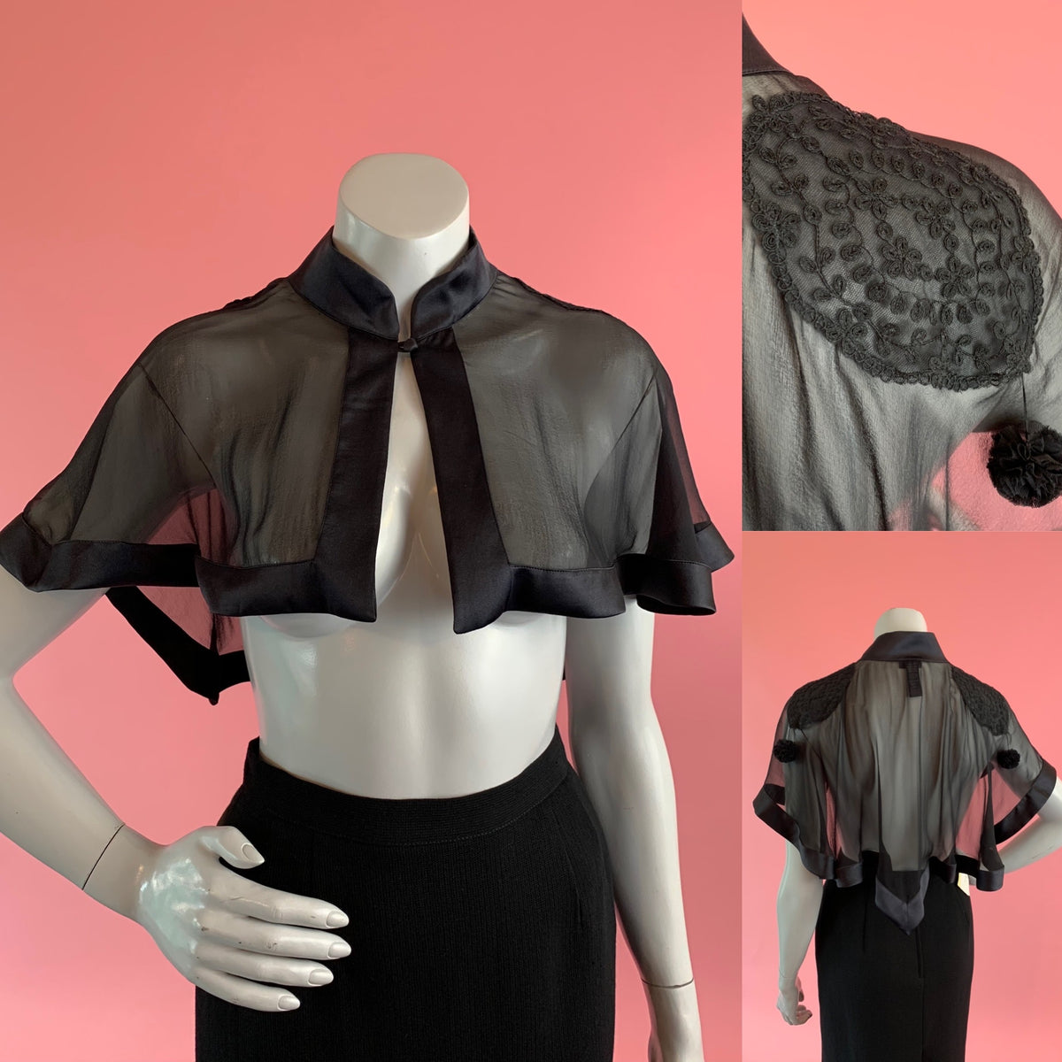 La Perla Black Sheer Embroidered Silk Capelet — vintage La Perla top in black