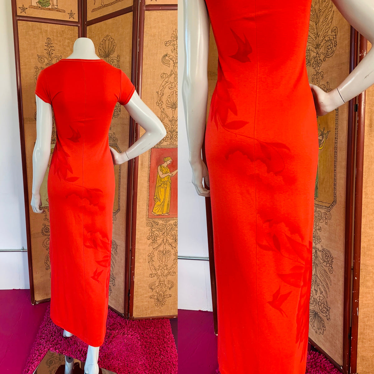 Red T-Shirt Maxi Dress with Bird Landscape Print — vintage Shalom dress in red