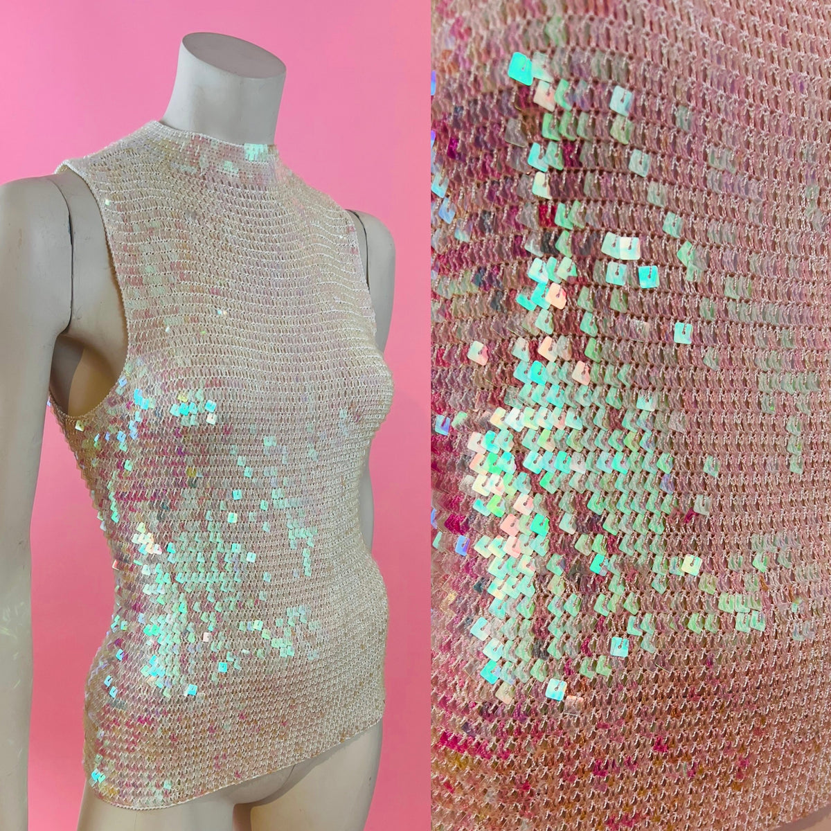 Iridescent Square Sequin White Rayon Knit Sleeveless Top — vintage Marina by Marina Bresler top in white