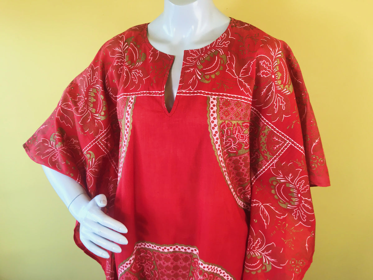 1970s Auburn Patterned Maxi Caftan Dress — vintage 1970s dress in red, gold