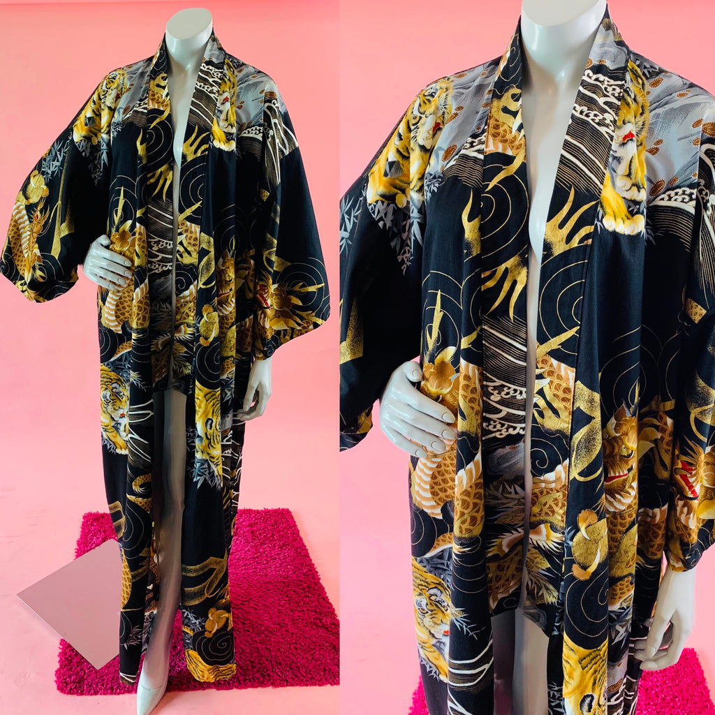 Japanese Tiger Dragon Gold Kimono Cotton Robe — vintage caftan in gold