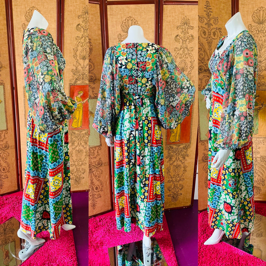 70s Flower Power Patchwork Print Balloon Sleeve Maxi Dress — vintage 1970s dress