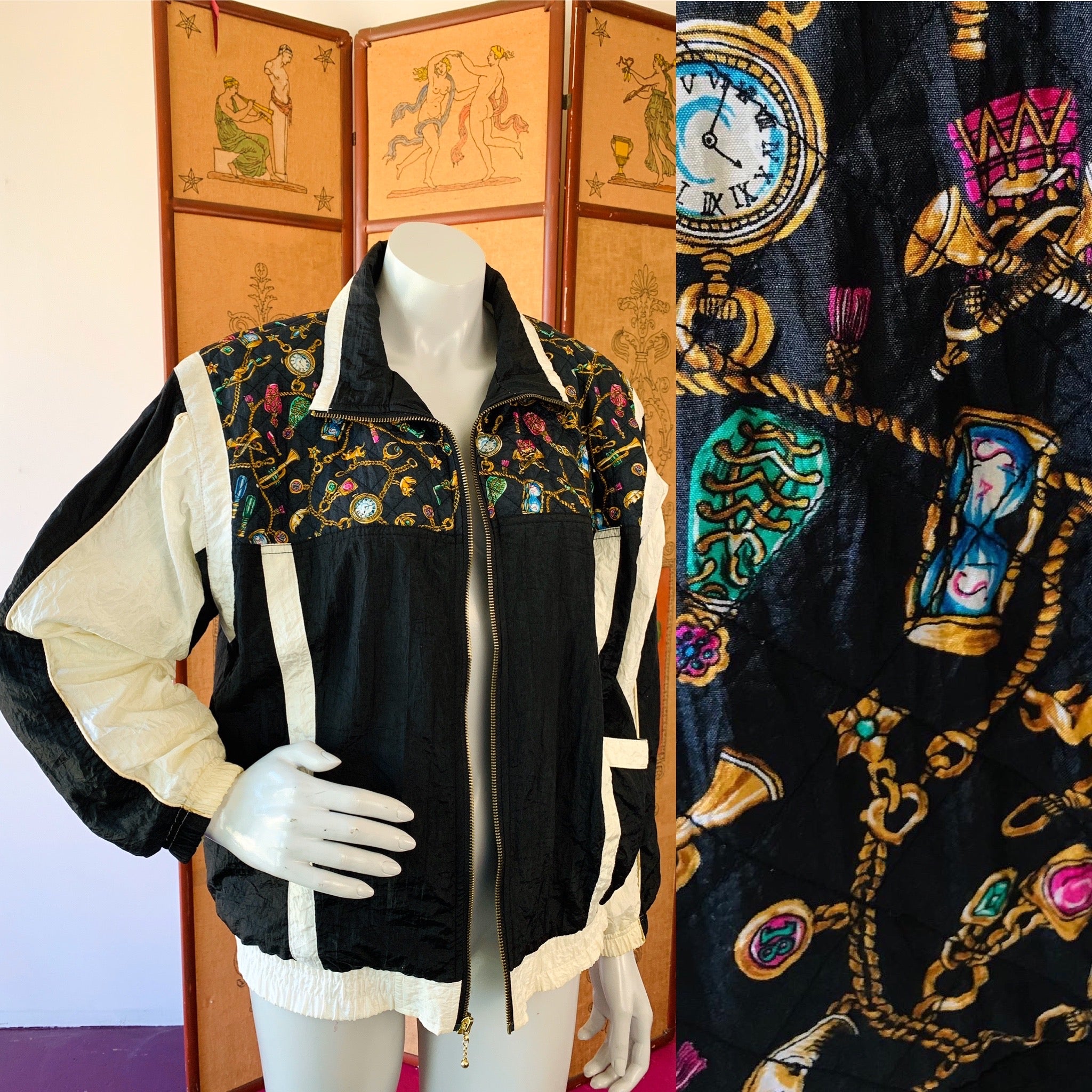 Black & White Quilted Detail Jeweled Charm Print Sporty Nylon Jacket — vintage 1990s jewellery in black, white