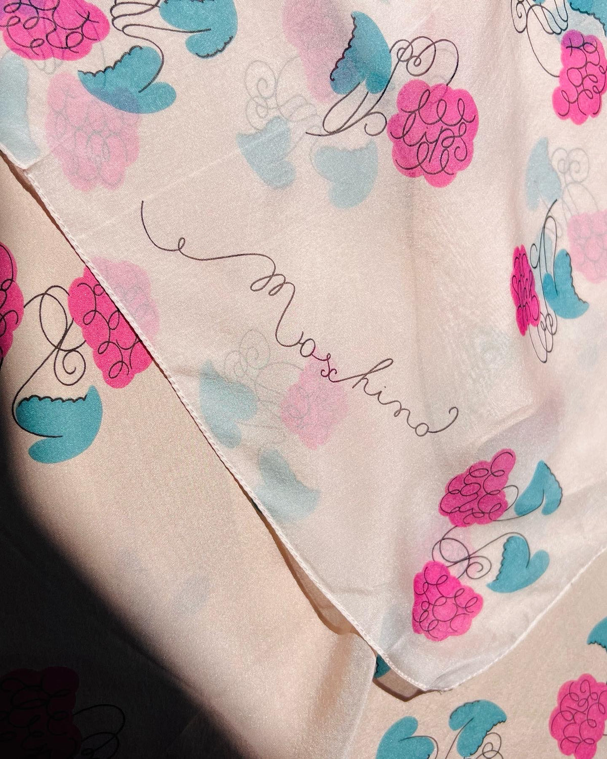 Moschino Pink Silk Scarf — vintage Moschino scarf in pink