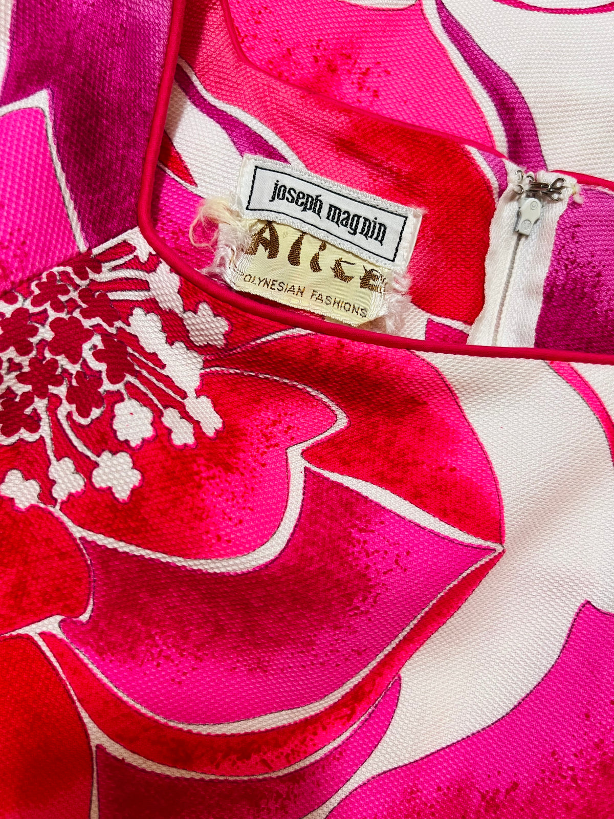 60s/70s Bold Tropical Pink Maxi Dress — vintage 1960s Alice Polynesian Fashions dress in pink