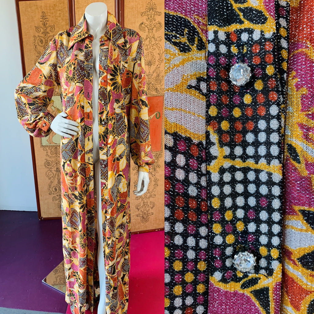 1970s Metallic Disco Maxi Dress Duster with Rhinestone Buttons — vintage 1970s dress in multicolour