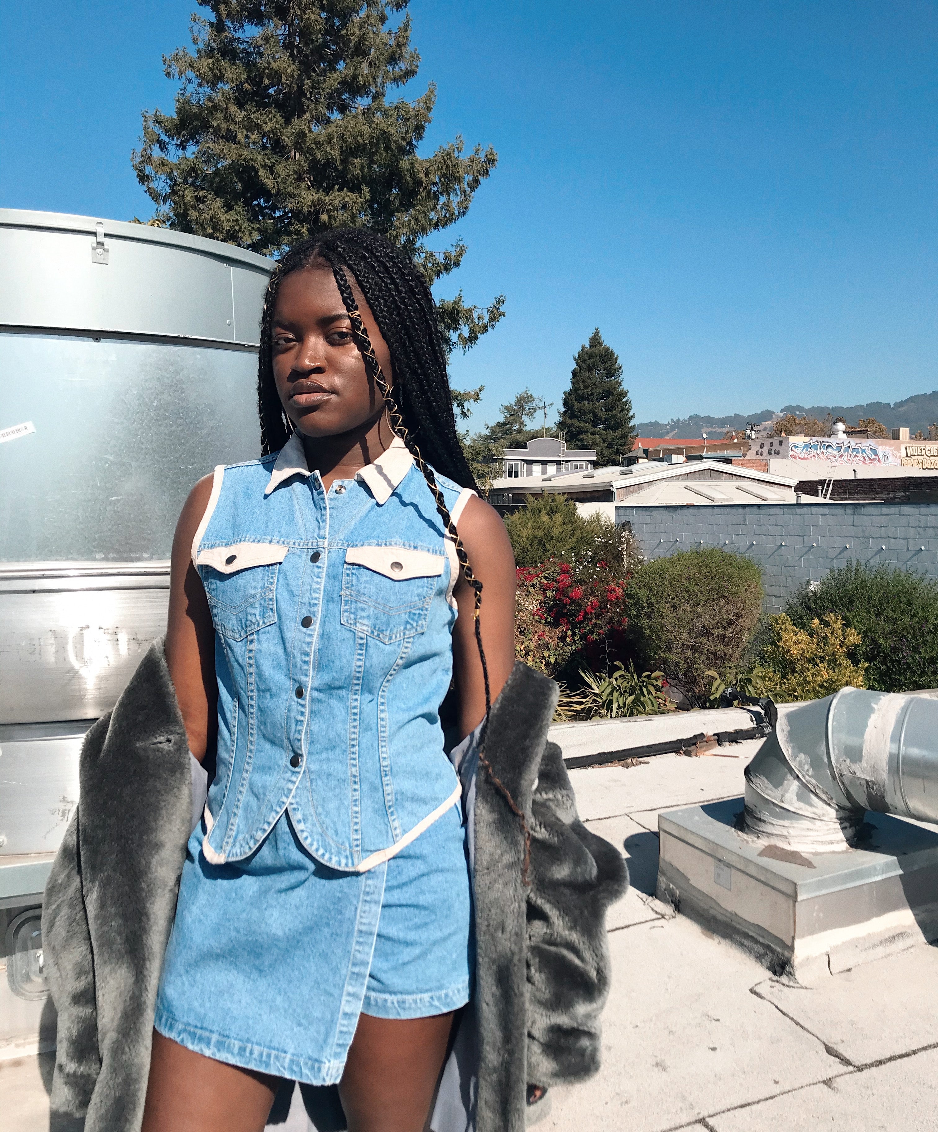 Two Piece Denim Set Skort & Snap Up Top — vintage 1990s top in blue