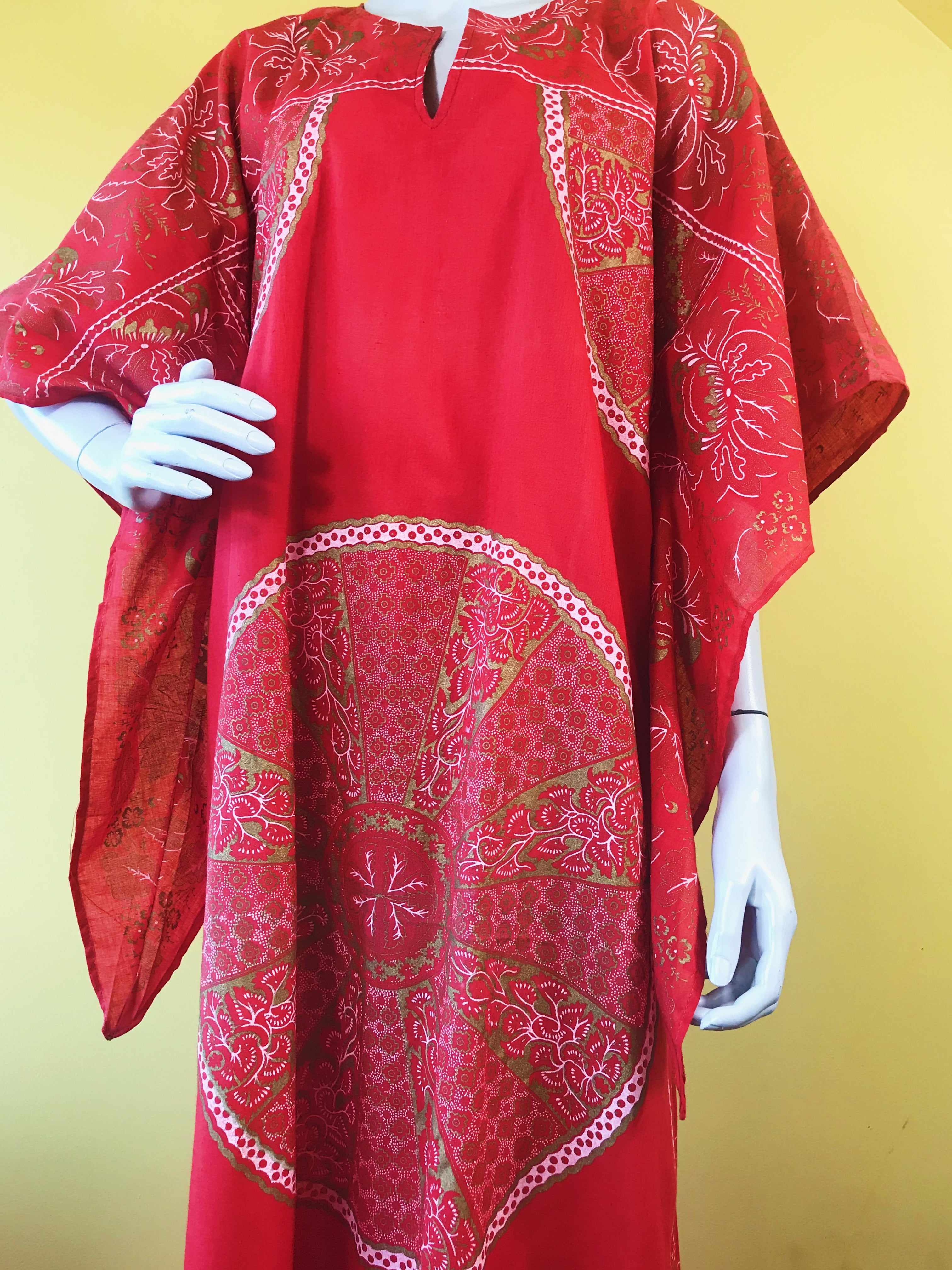 1970s Auburn Patterned Maxi Caftan Dress — vintage 1970s dress in red, gold